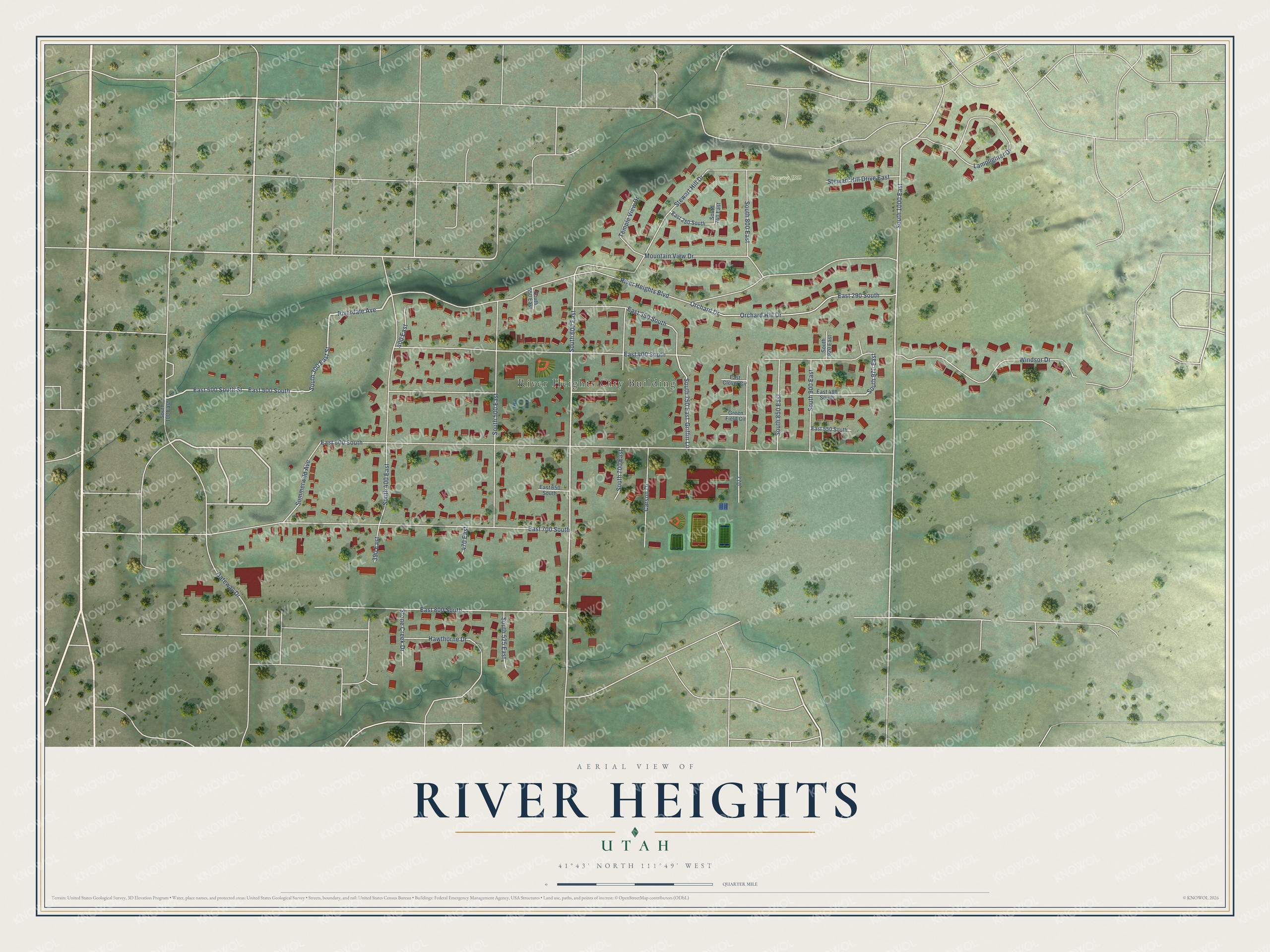 Full map of River Heights, Utah, with red buildings, printed street names and the land around them