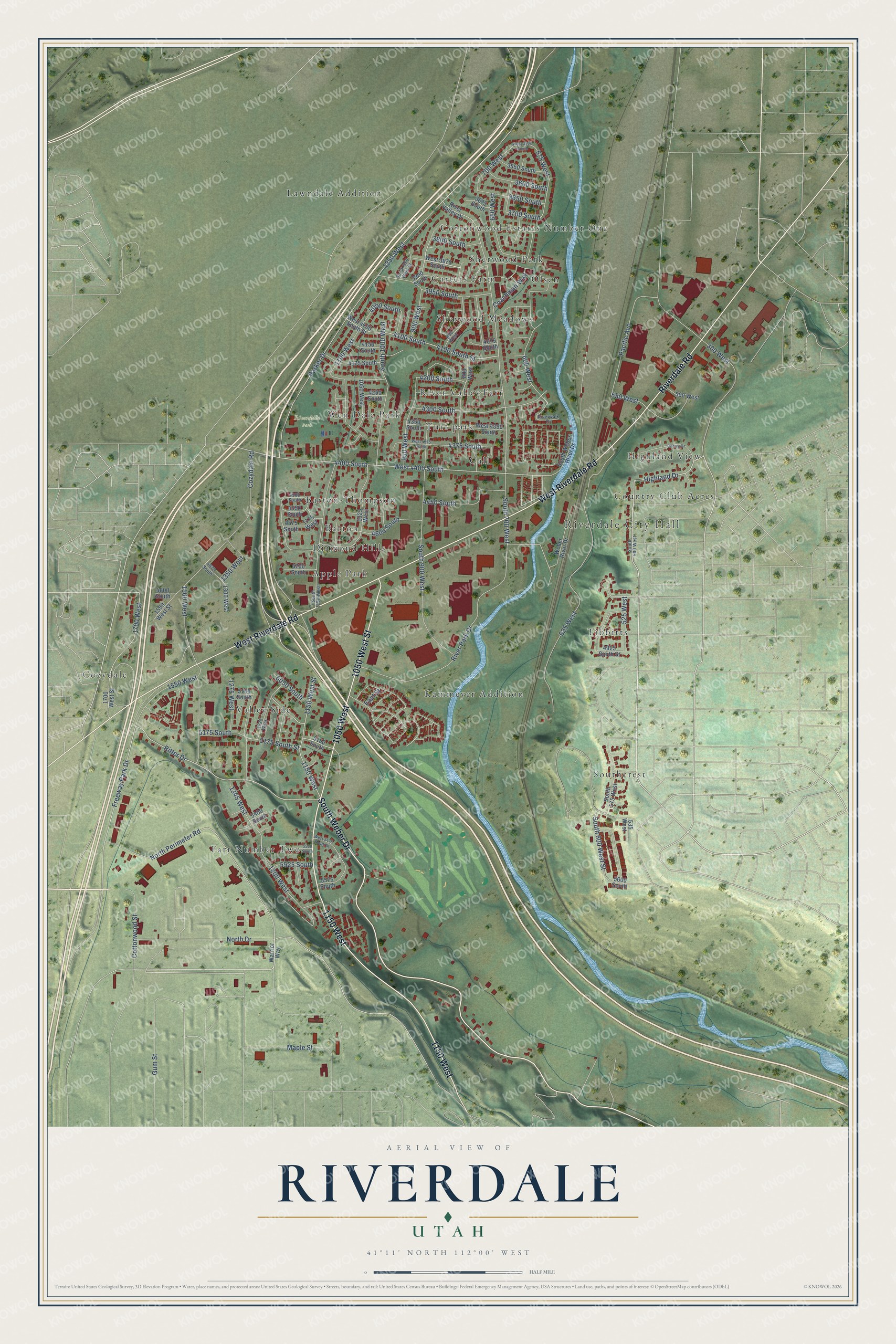 Full map of Riverdale, Utah, with red buildings, printed street names and the land around them