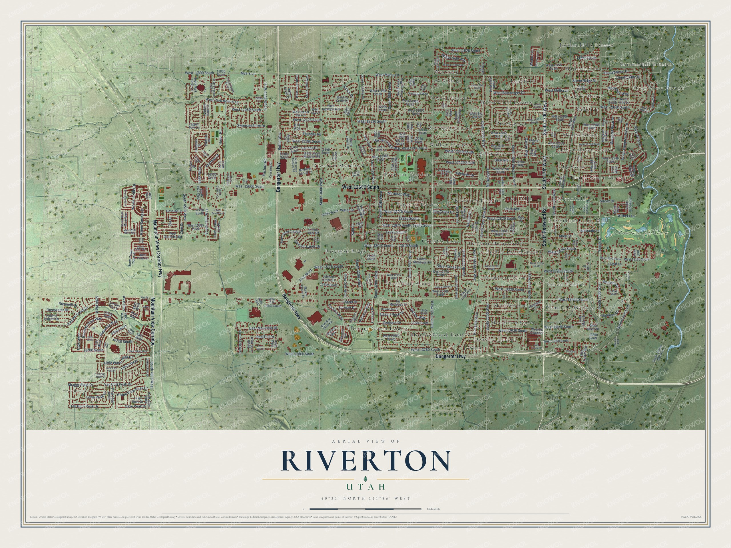 Full map of Riverton, Utah, with red buildings, printed street names and the land around them