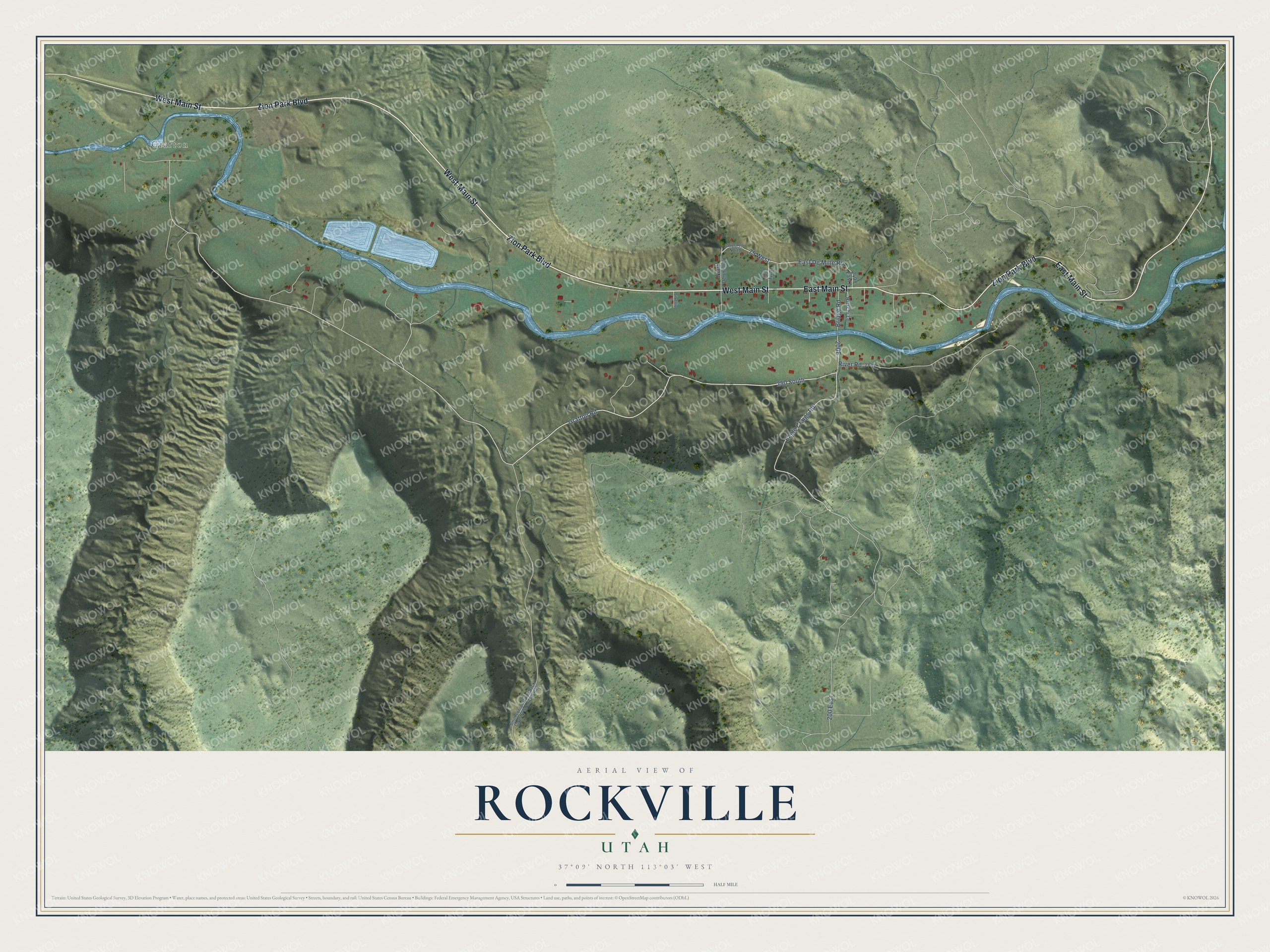 Full map of Rockville, Utah, with red buildings, printed street names and the land around them