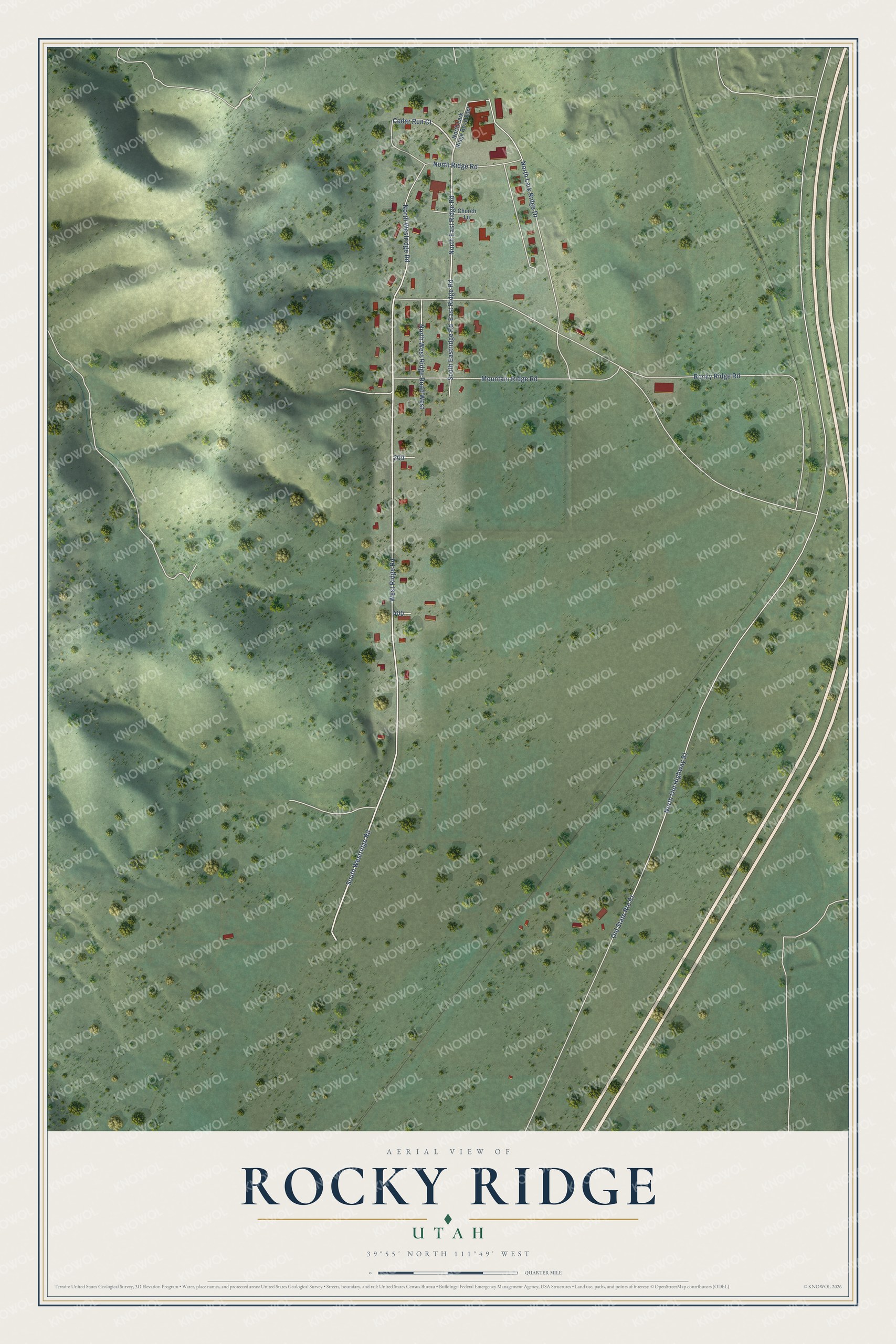Full map of Rocky Ridge, Utah, with red buildings, printed street names and the land around them