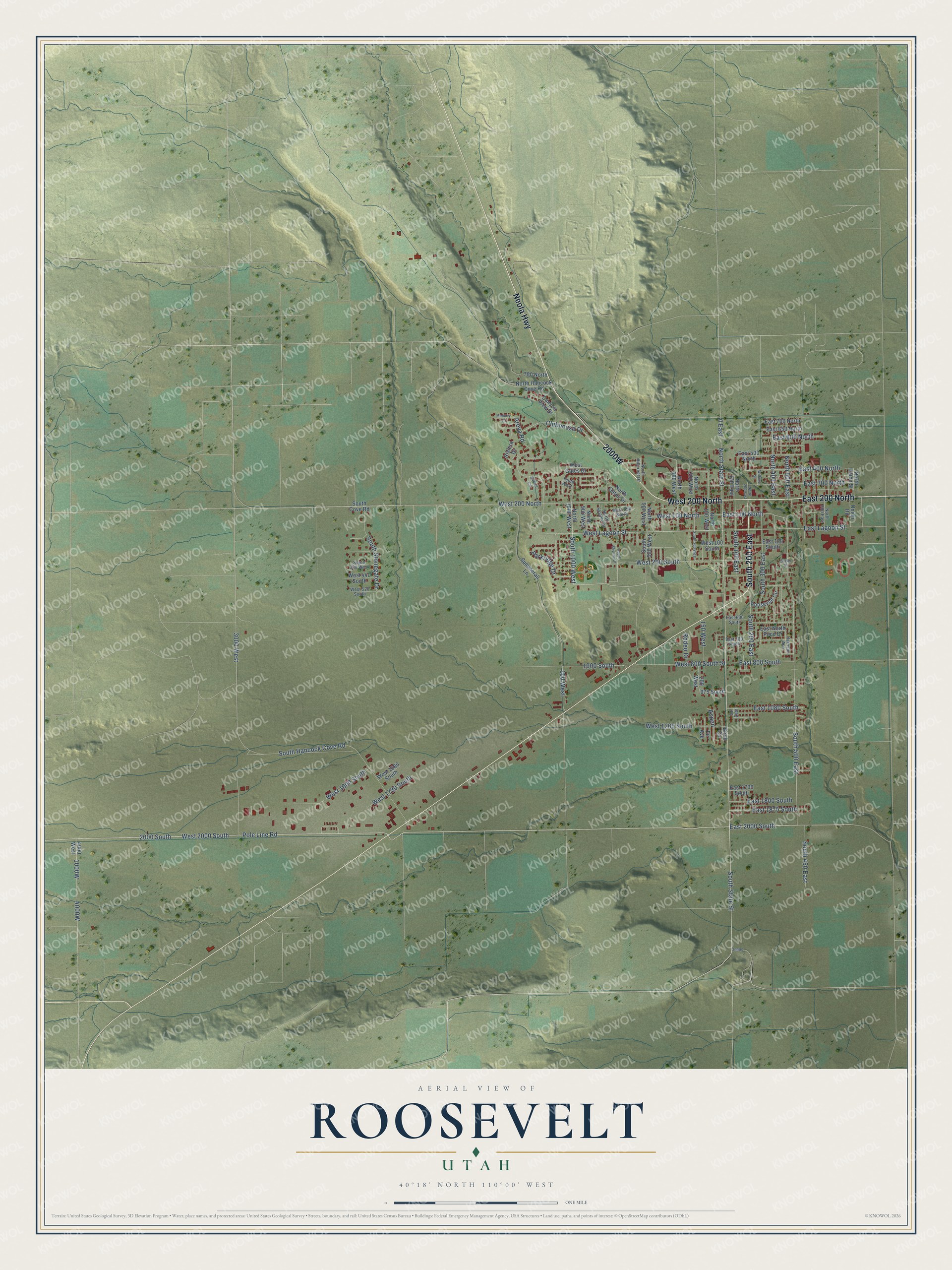 Full map of Roosevelt, Utah, with red buildings, printed street names and the land around them