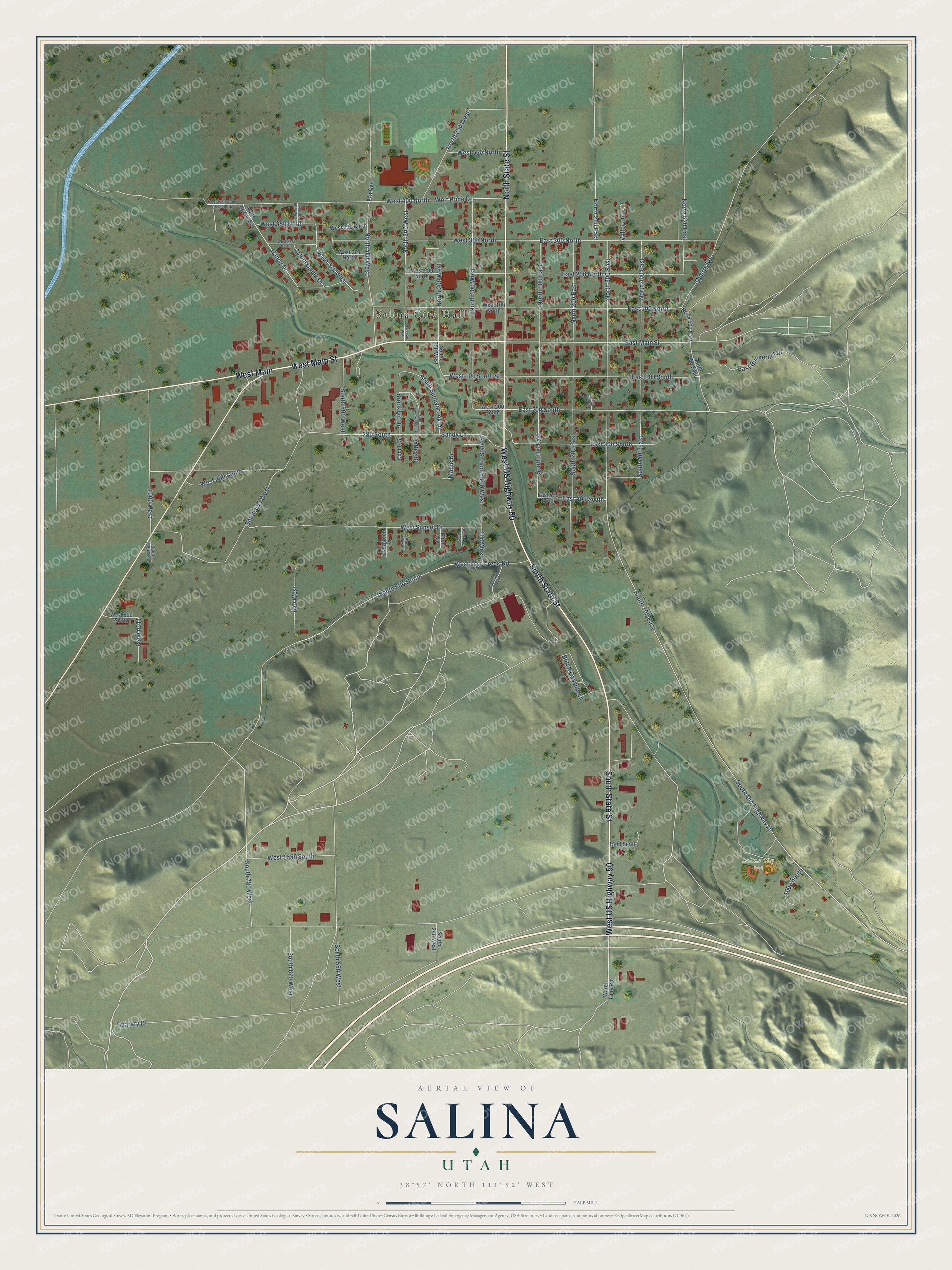 Full map of Salina, Utah, with red buildings, printed street names and the land around them