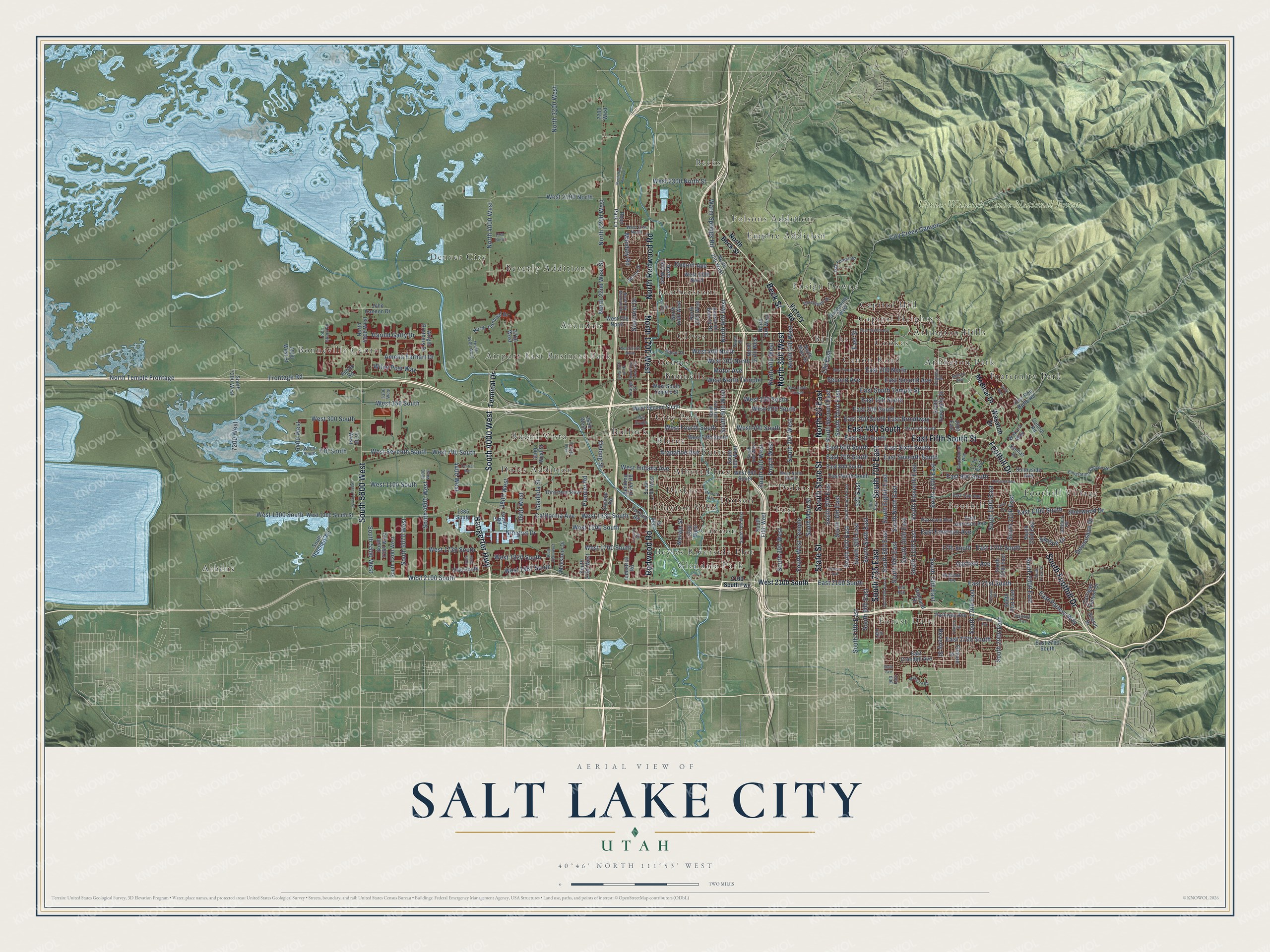 Full map of Salt Lake City, Utah, with red buildings, printed street names and the land around them