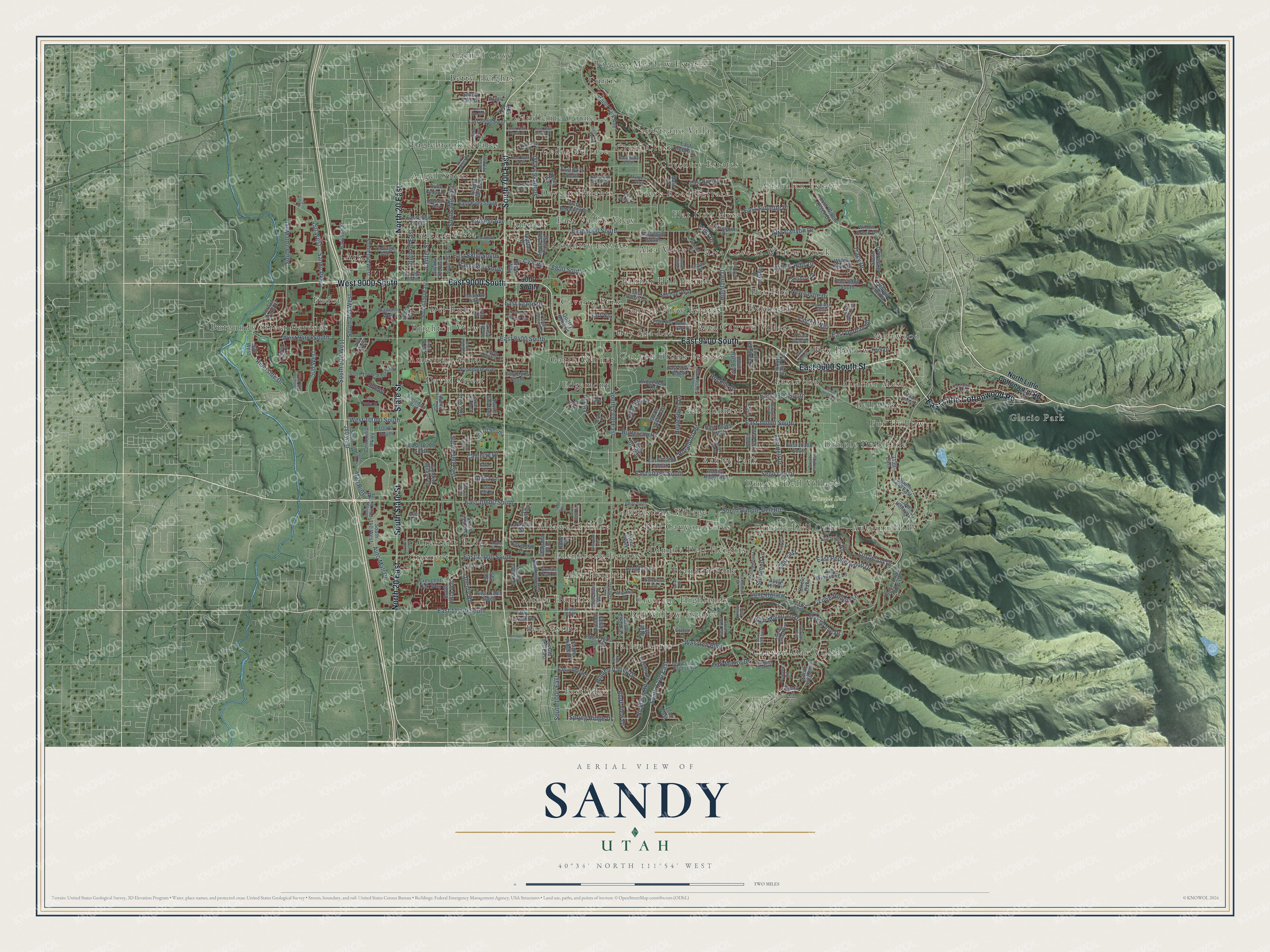 Full map of Sandy, Utah, with red buildings, printed street names and the land around them