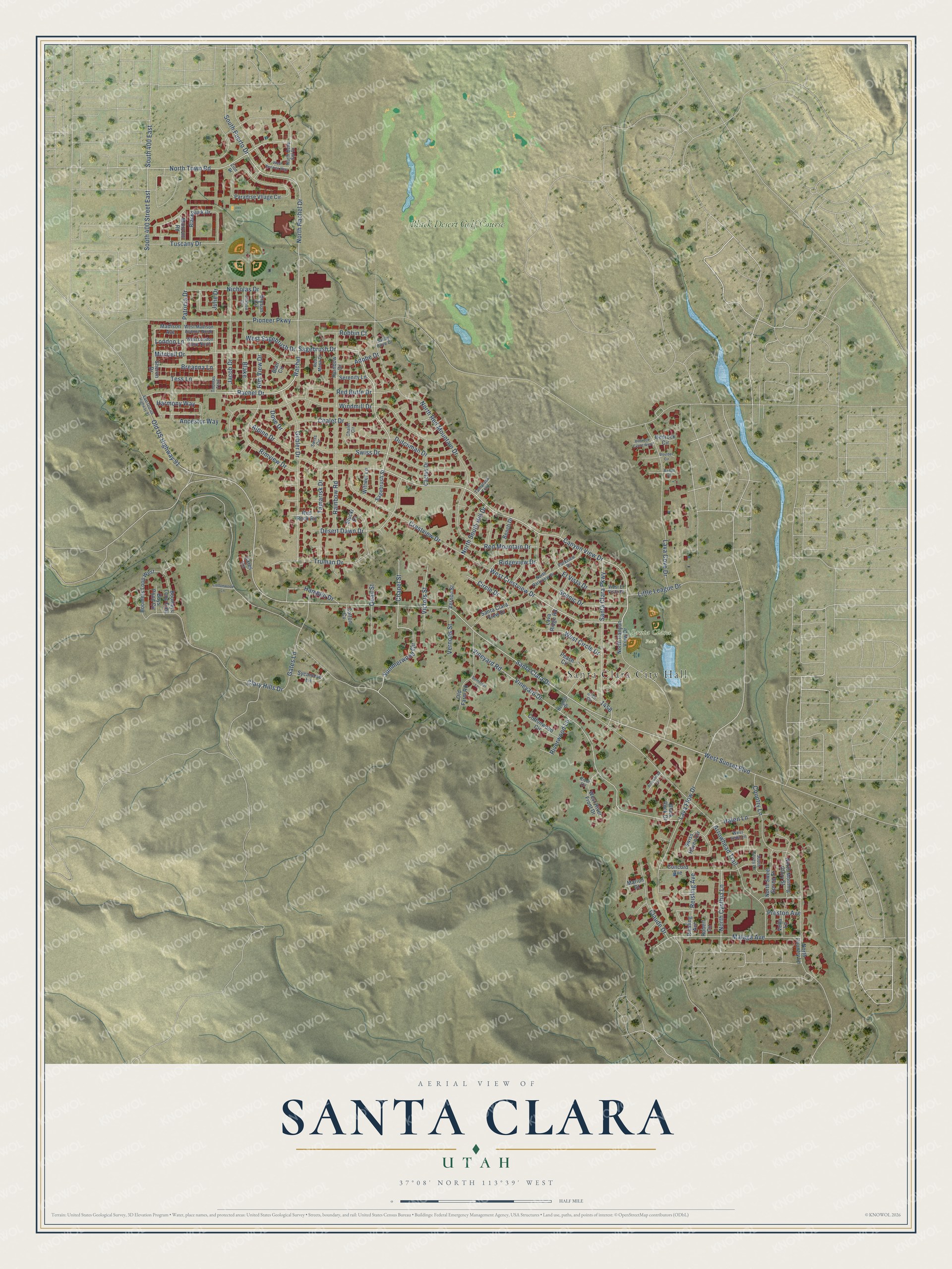 Full map of Santa Clara, Utah, with red buildings, printed street names and the land around them