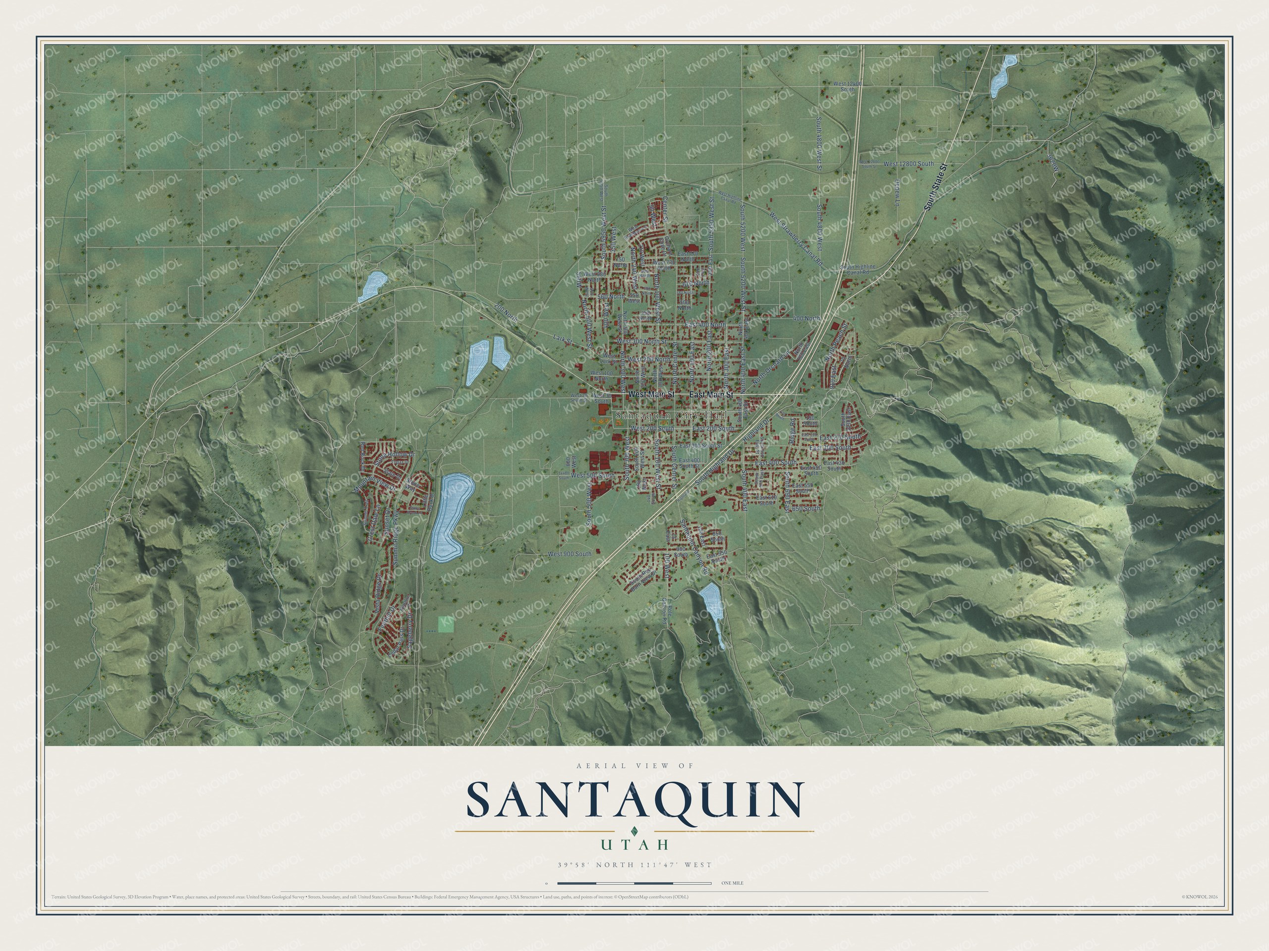 Full map of Santaquin, Utah, with red buildings, printed street names and the land around them