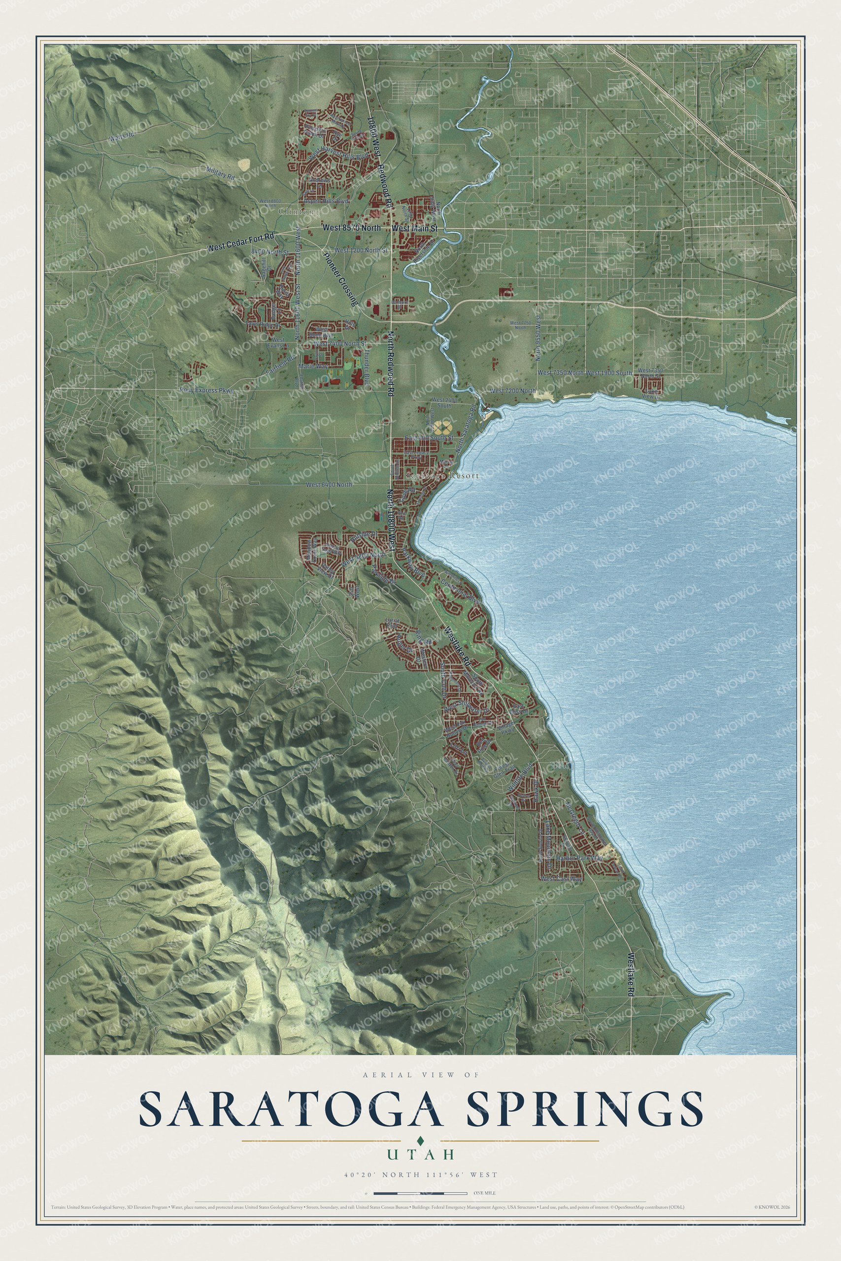 Full map of Saratoga Springs, Utah, with red buildings, printed street names and the land around them