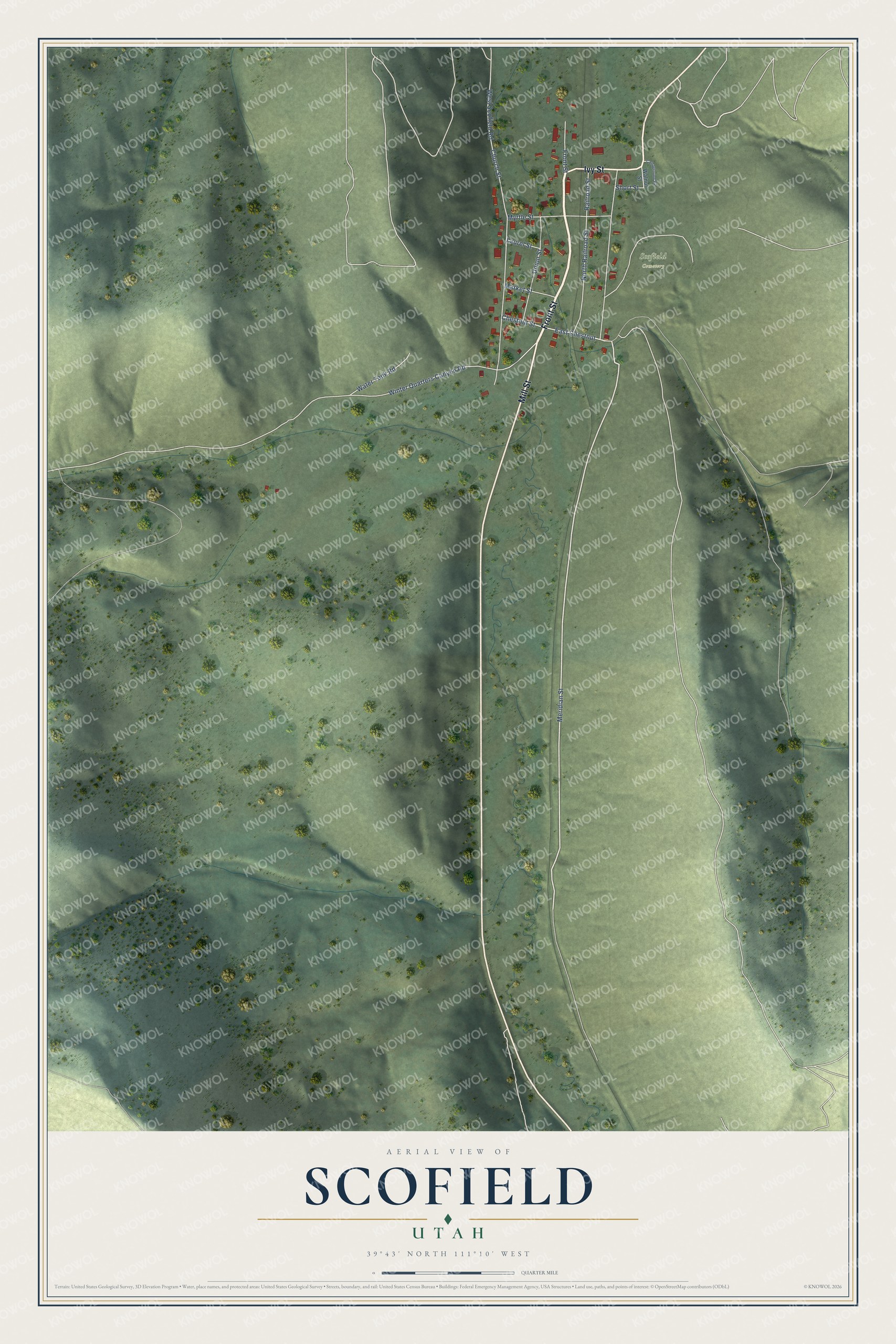 Full map of Scofield, Utah, with red buildings, printed street names and the land around them