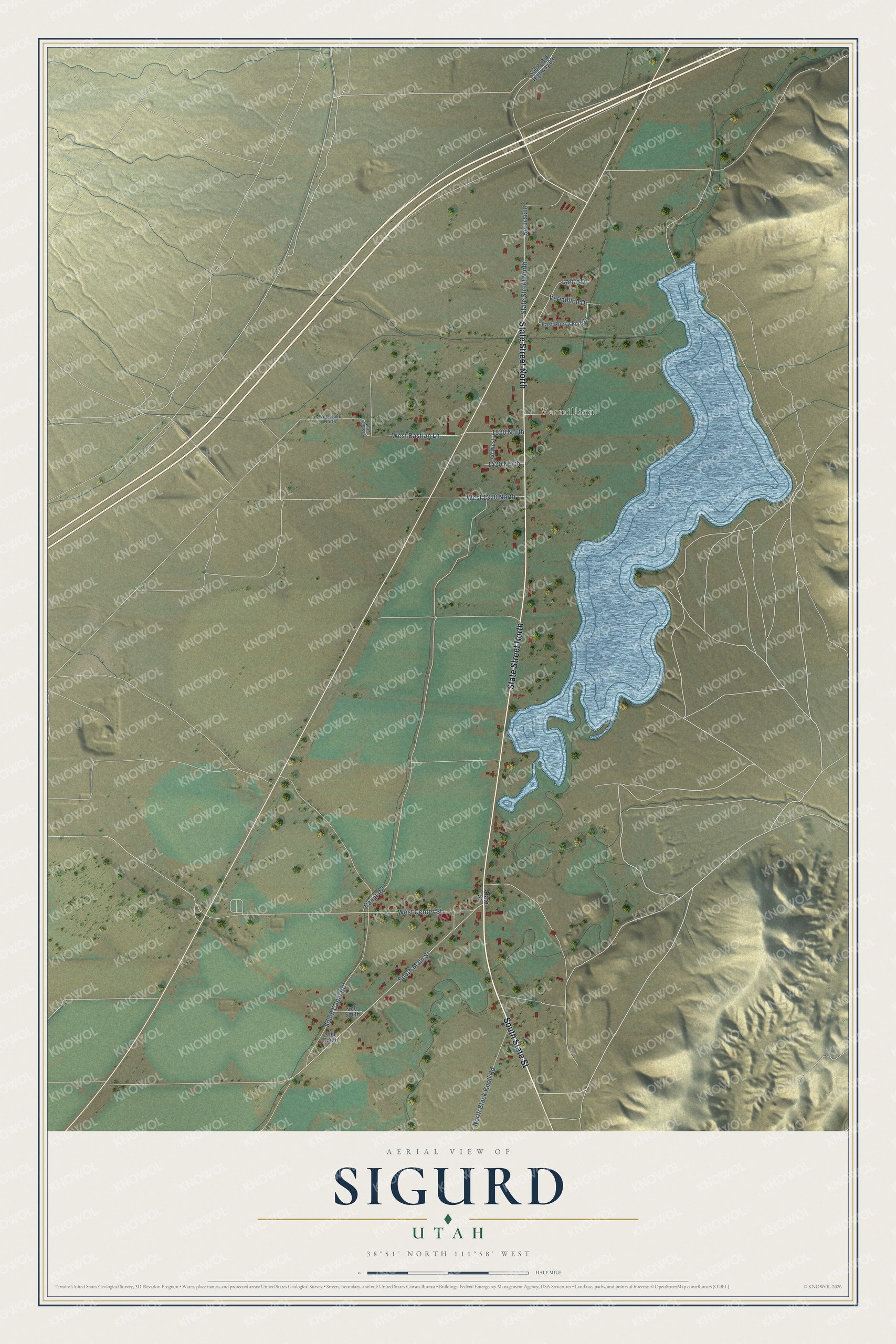 Full map of Sigurd, Utah, with red buildings, printed street names and the land around them