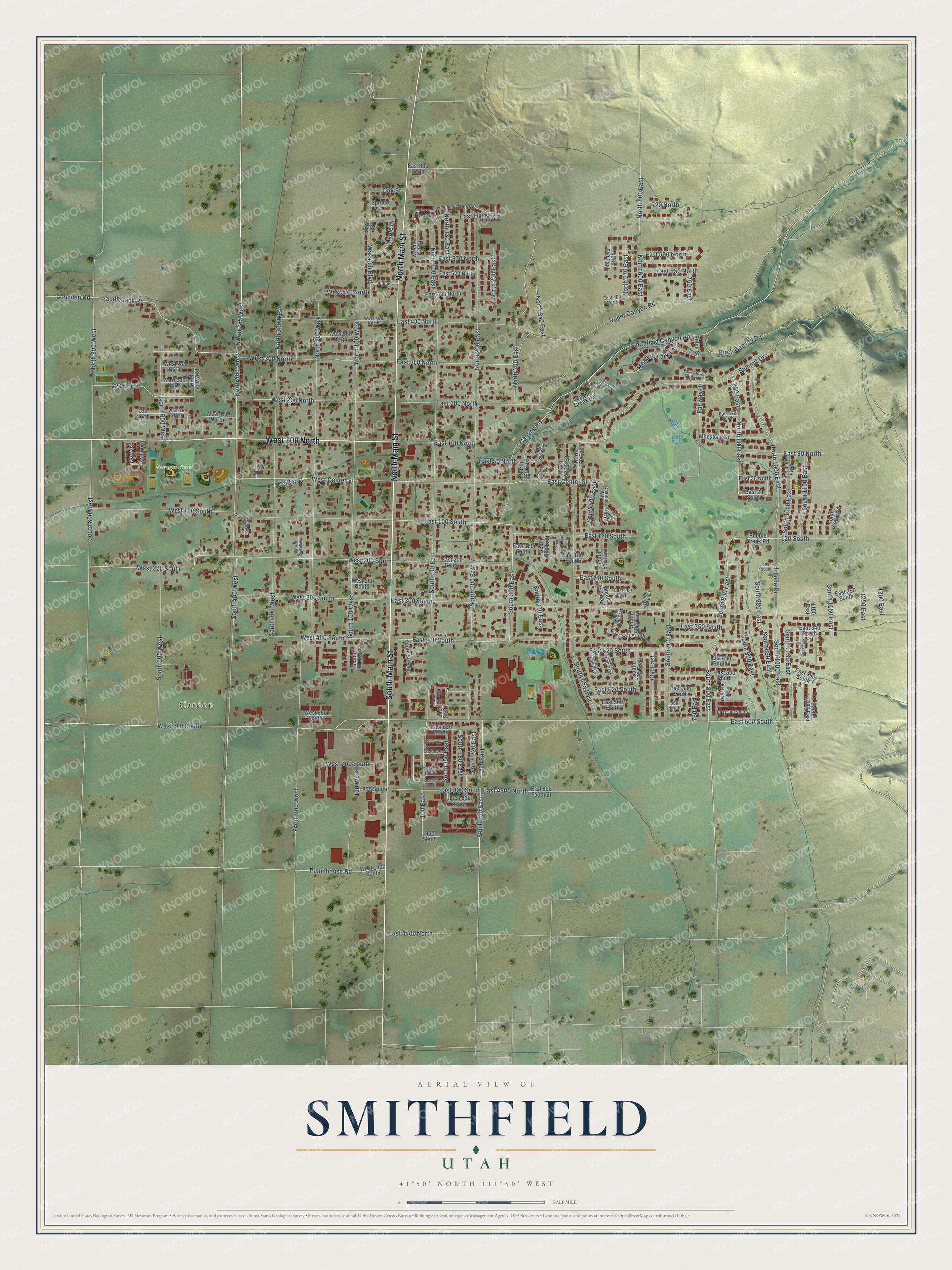 Full map of Smithfield, Utah, with red buildings, printed street names and the land around them
