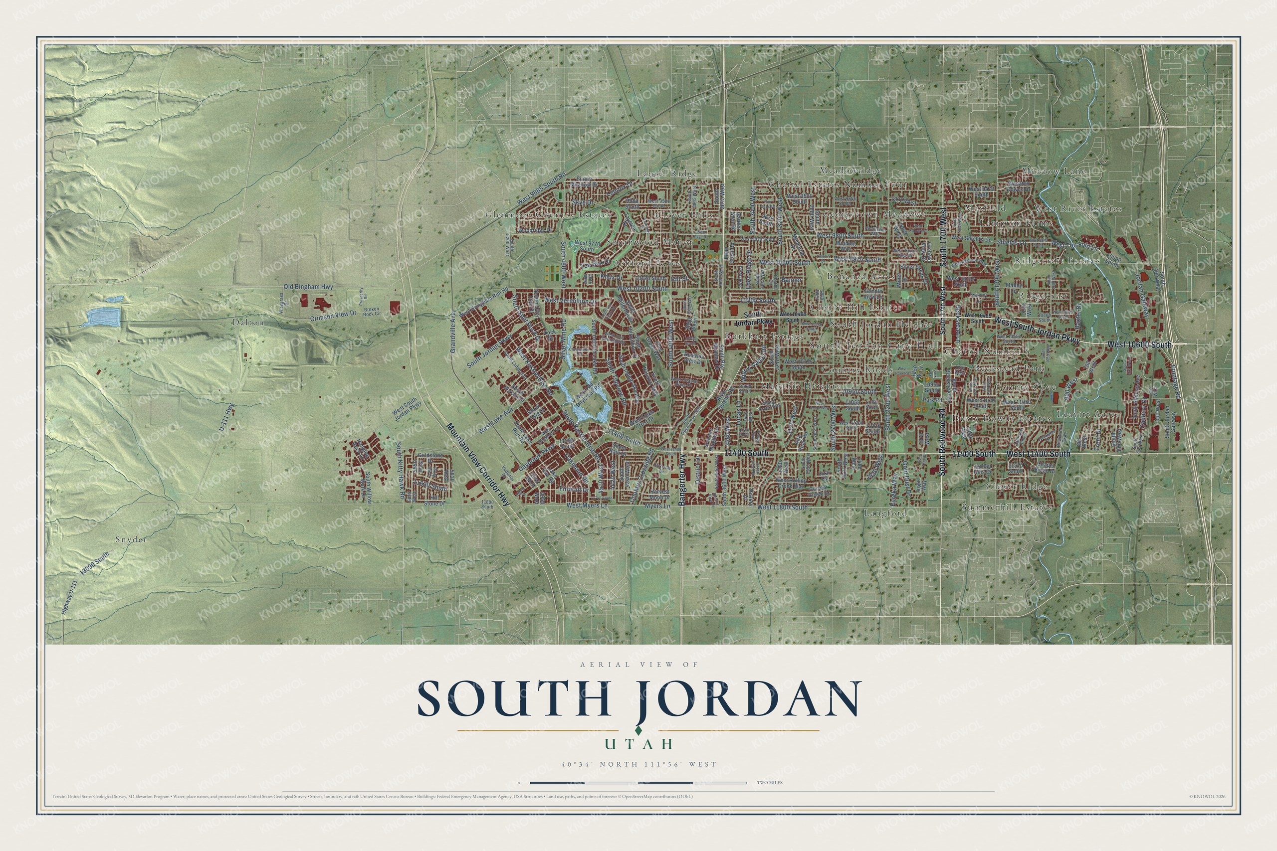 Full map of South Jordan, Utah, with red buildings, printed street names and the land around them