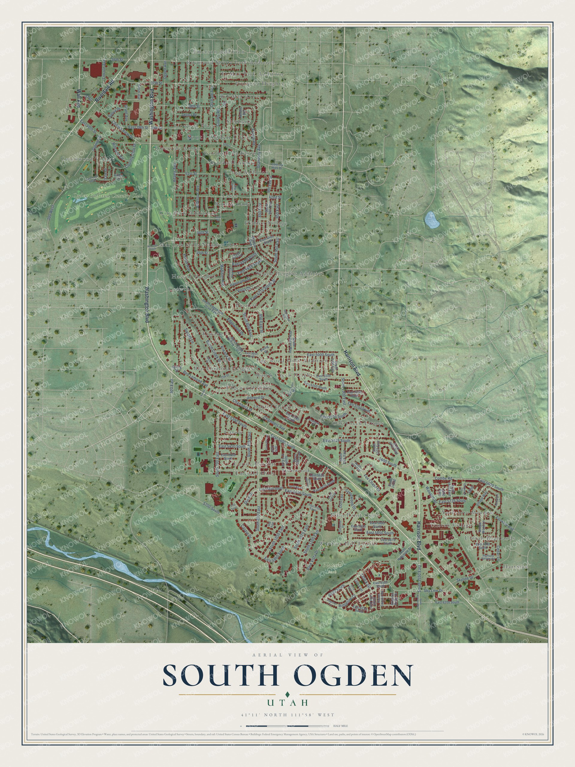 Full map of South Ogden, Utah, with red buildings, printed street names and the land around them
