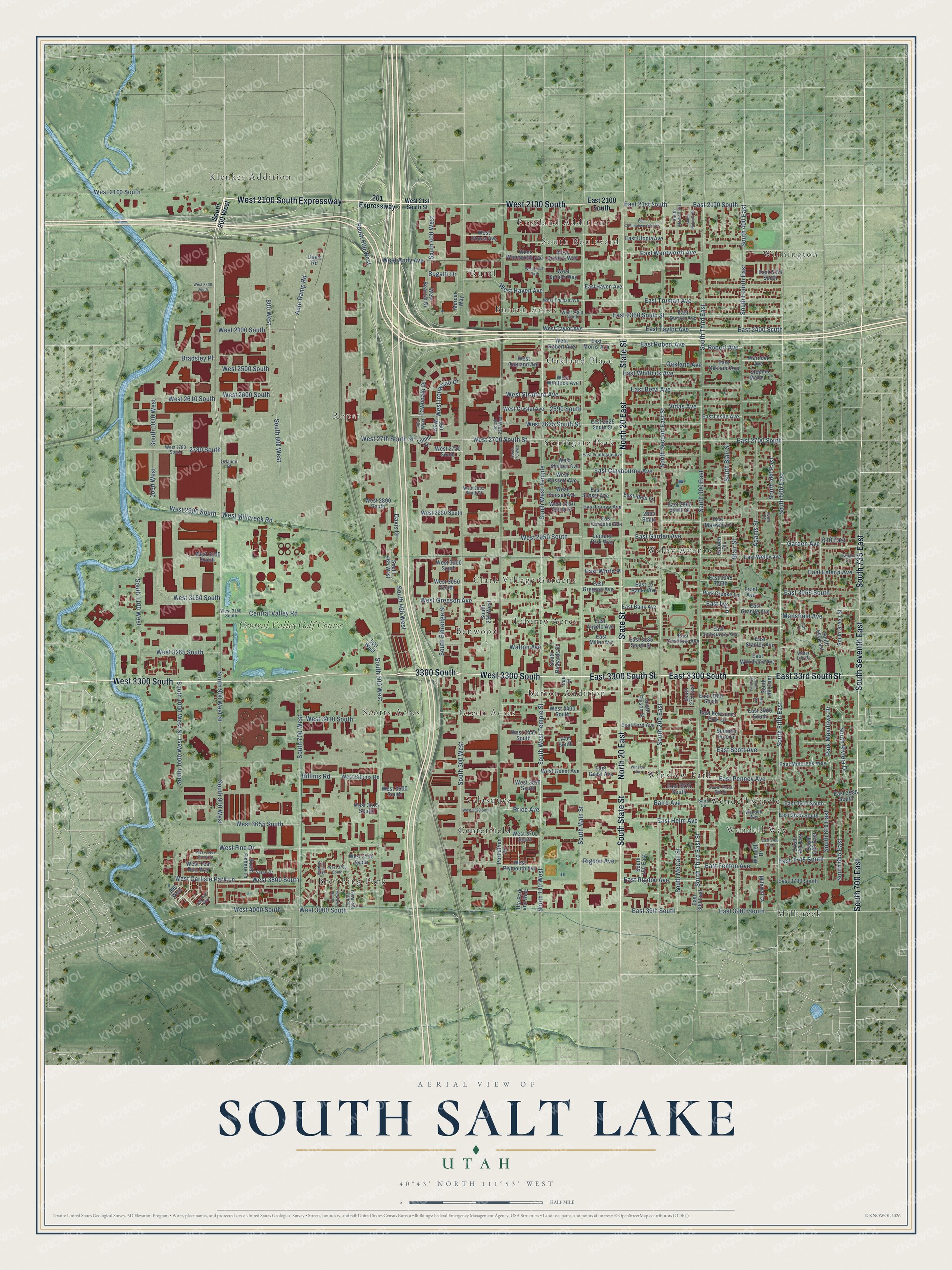 Full map of South Salt Lake, Utah, with red buildings, printed street names and the land around them