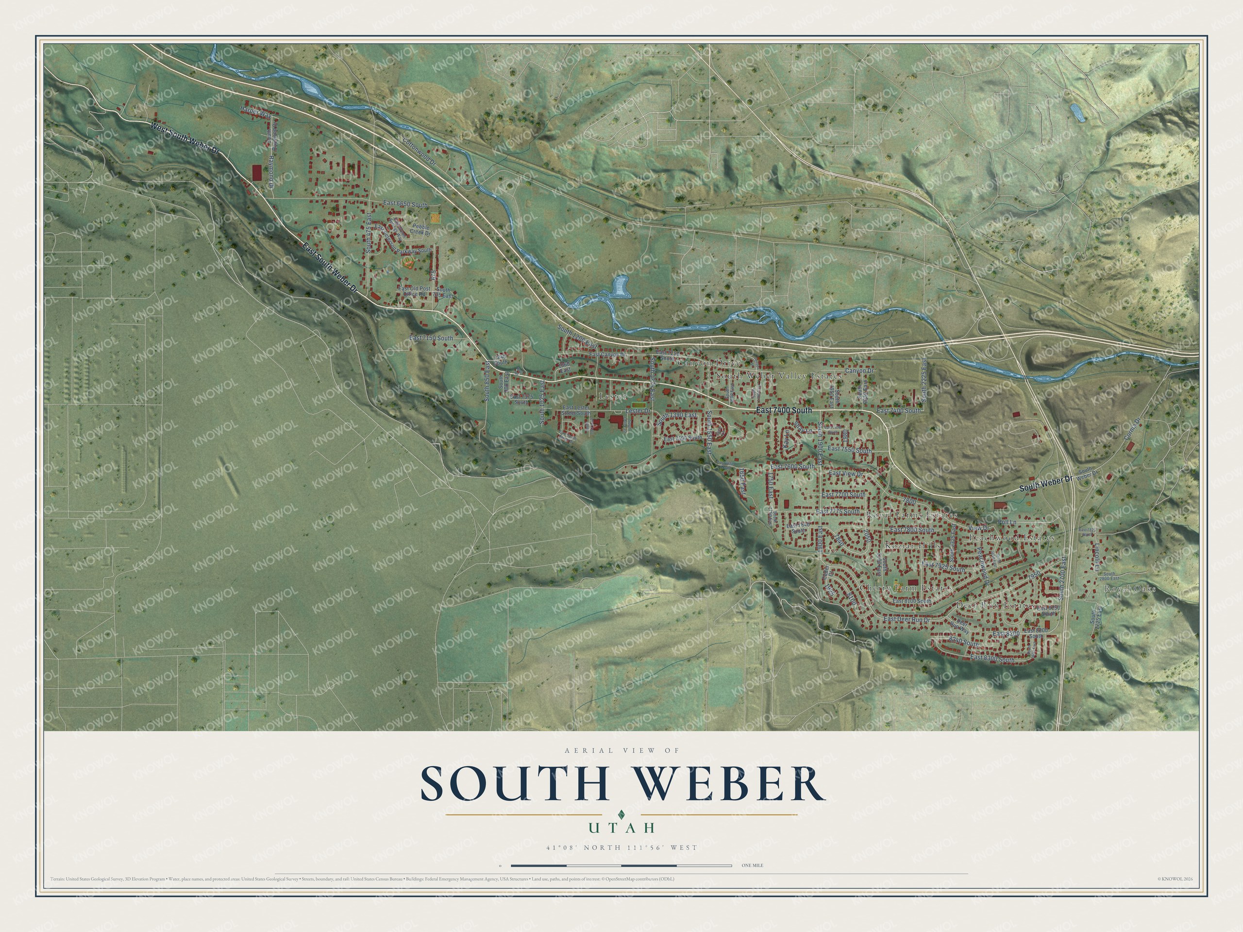 Full map of South Weber, Utah, with red buildings, printed street names and the land around them