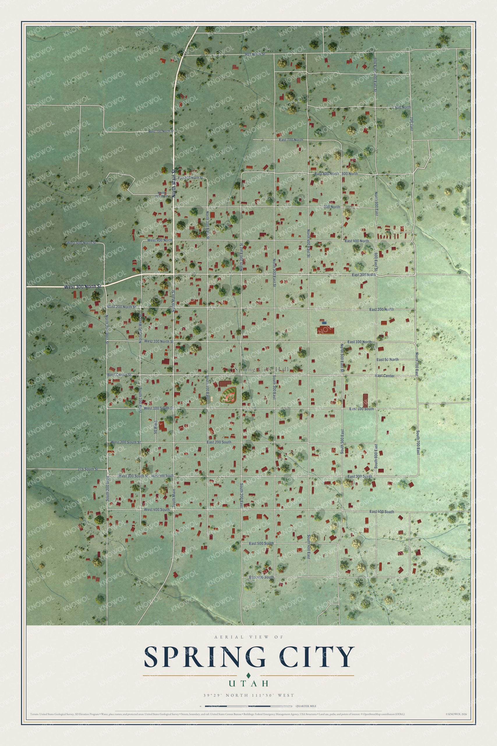 Full map of Spring City, Utah, with red buildings, printed street names and the land around them