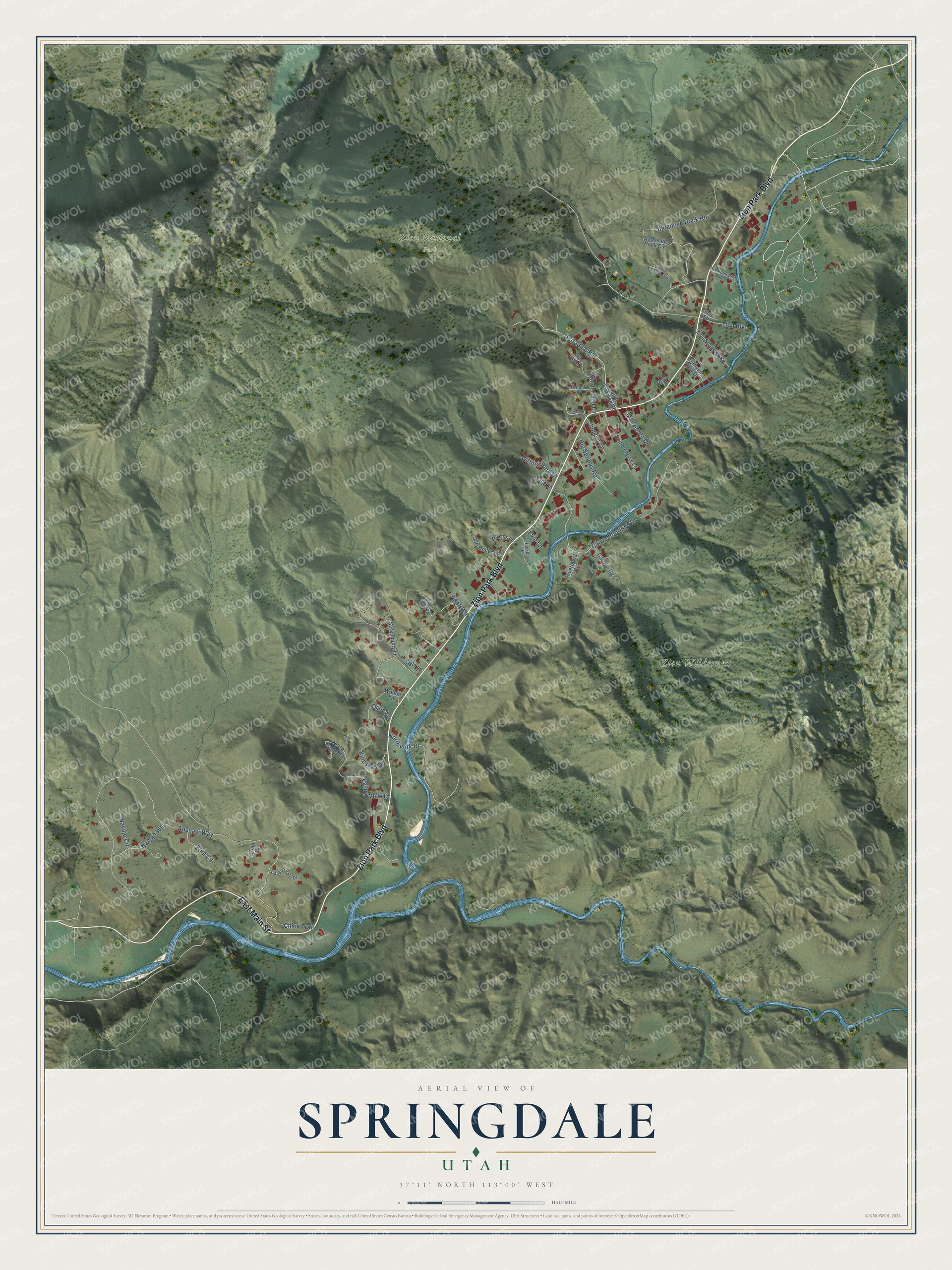 Full map of Springdale, Utah, with red buildings, printed street names and the land around them