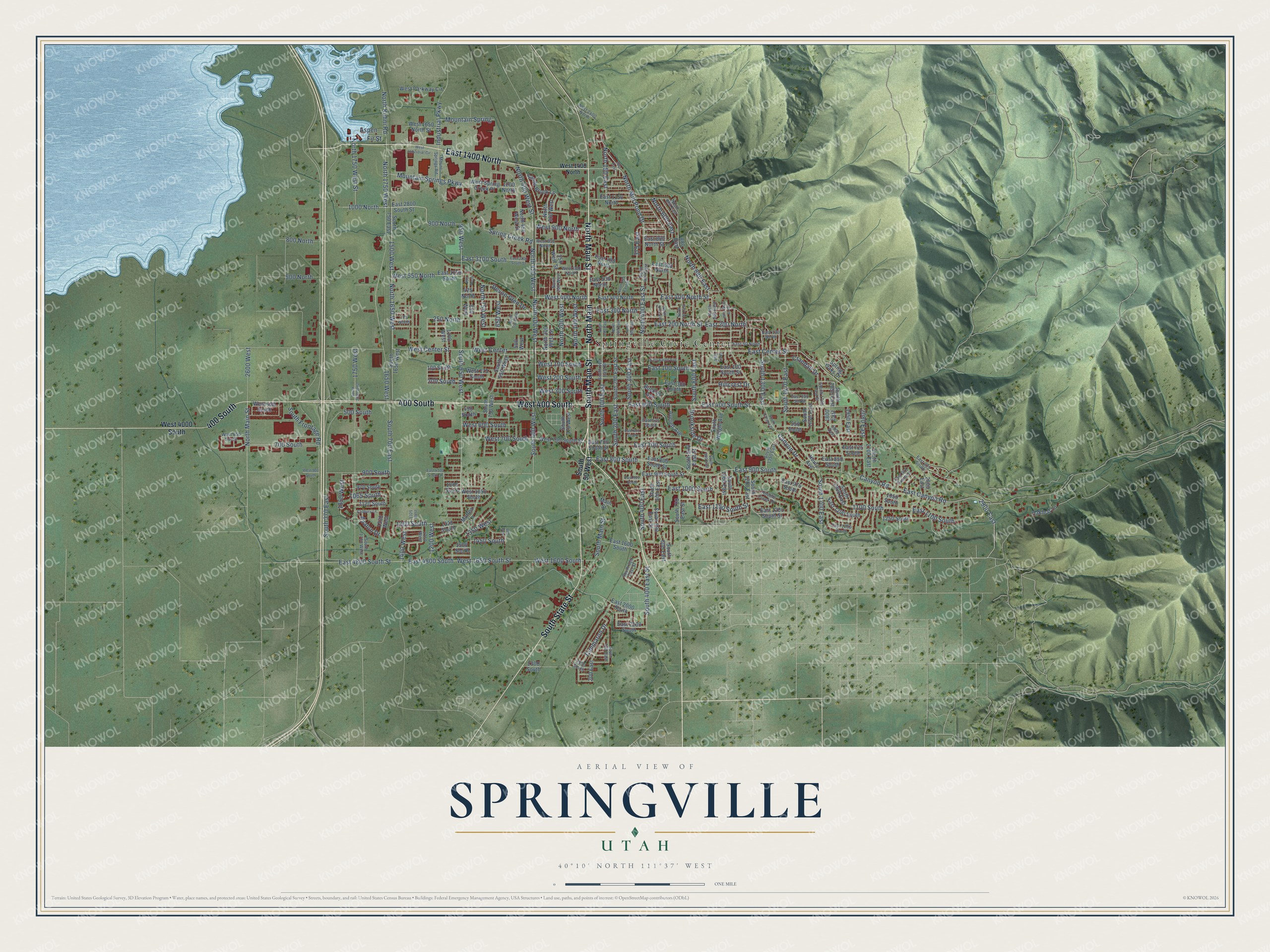 Full map of Springville, Utah, with red buildings, printed street names and the land around them
