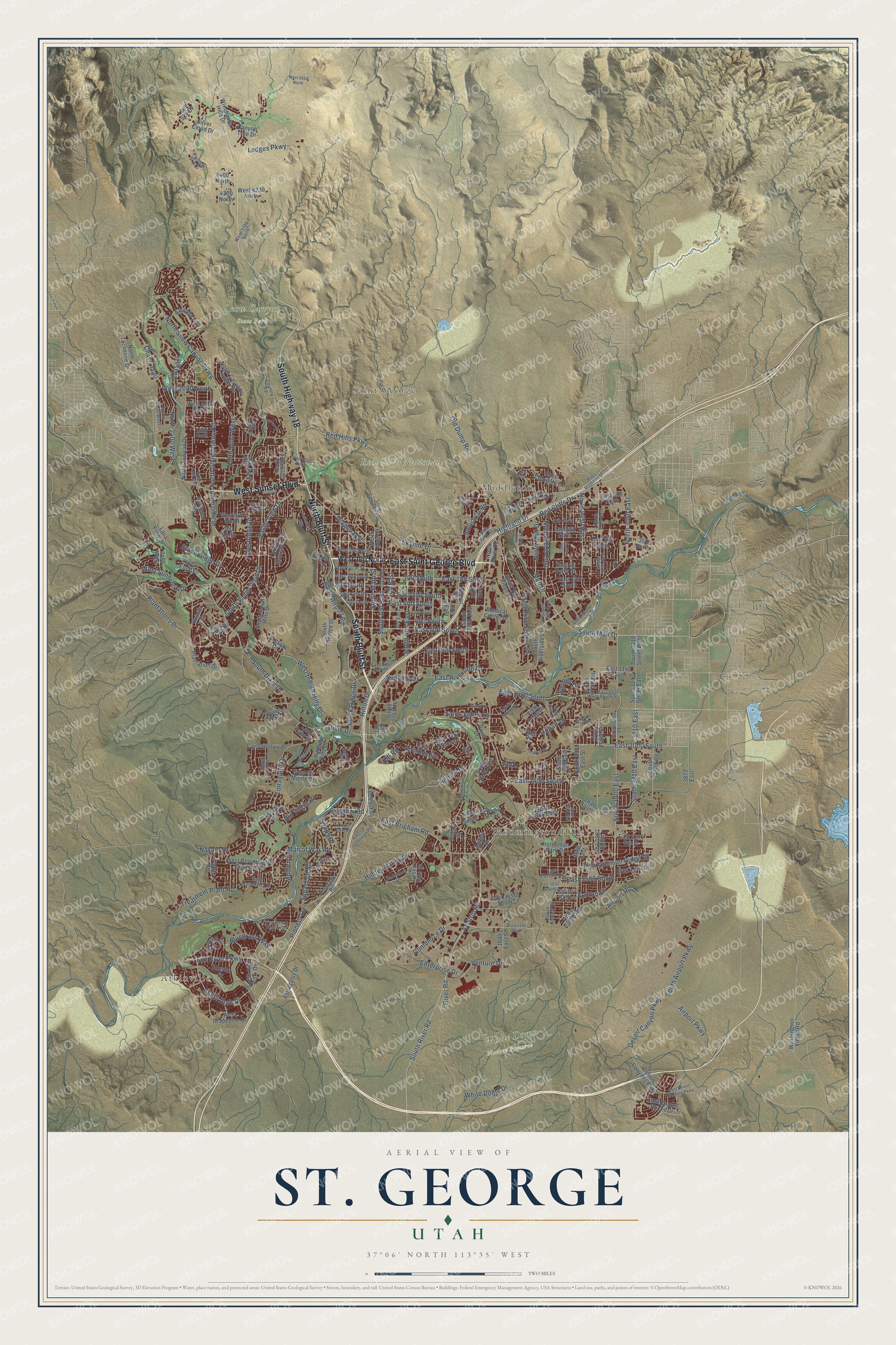 Full map of St. George, Utah, with red buildings, printed street names and the land around them