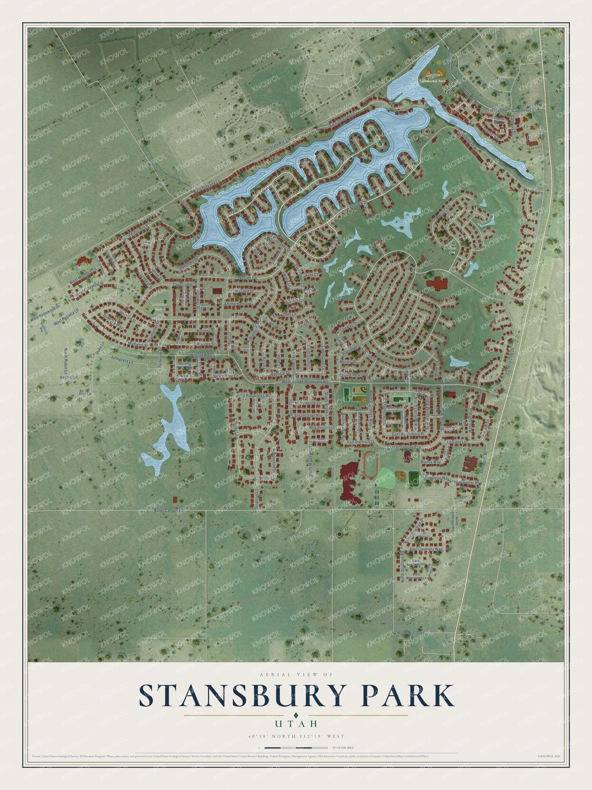 Full map of Stansbury Park, Utah, with red buildings, printed street names and the land around them