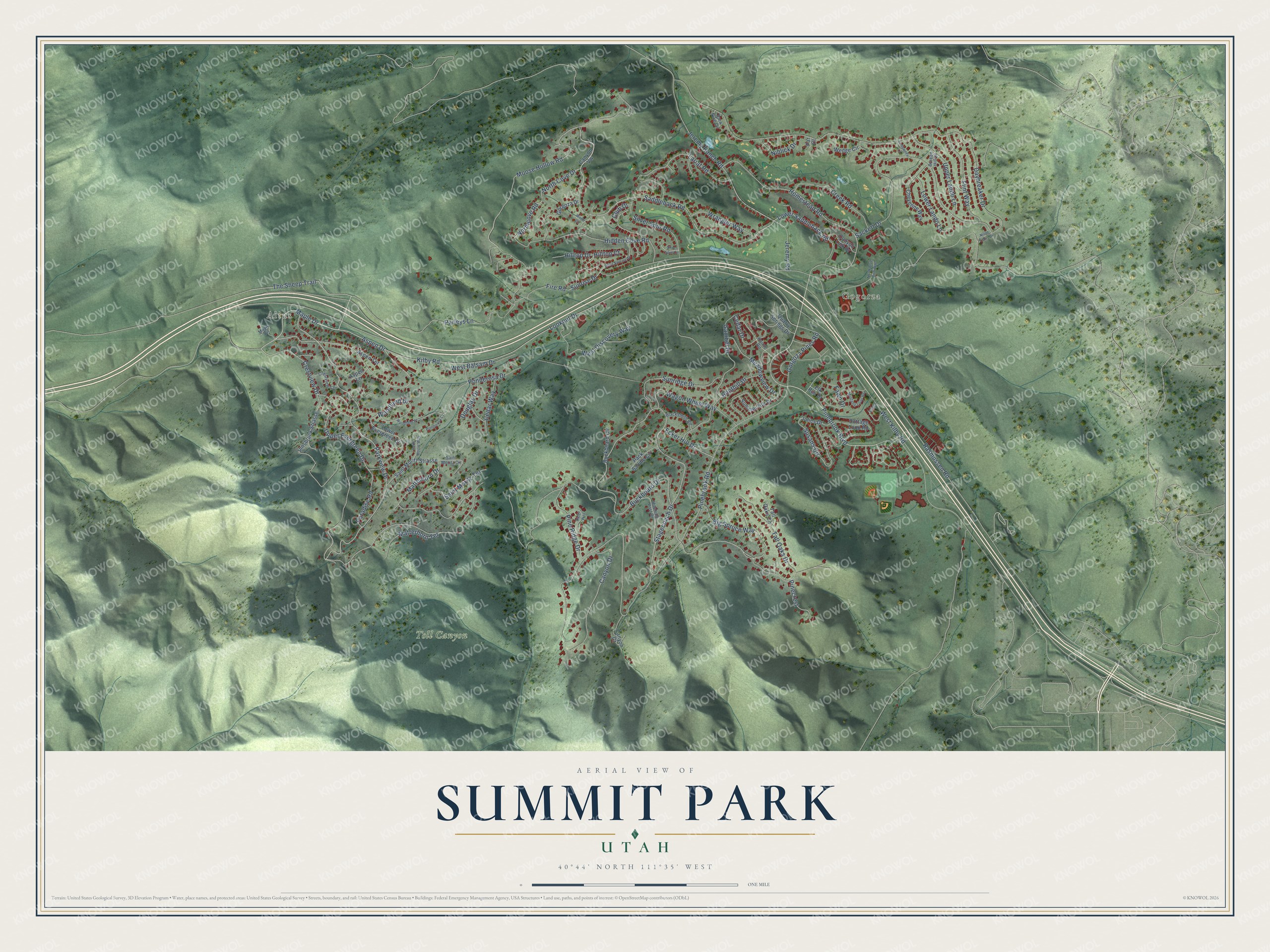 Full map of Summit Park, Utah, with red buildings, printed street names and the land around them