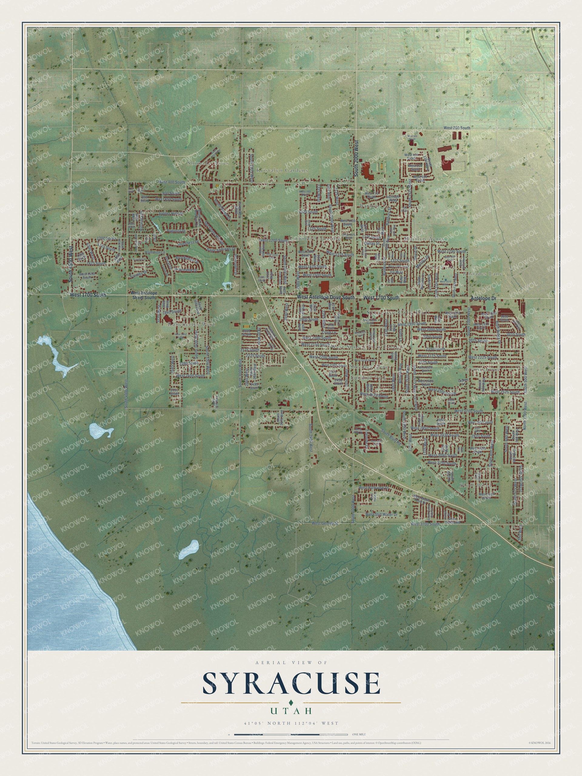 Full map of Syracuse, Utah, with red buildings, printed street names and the land around them