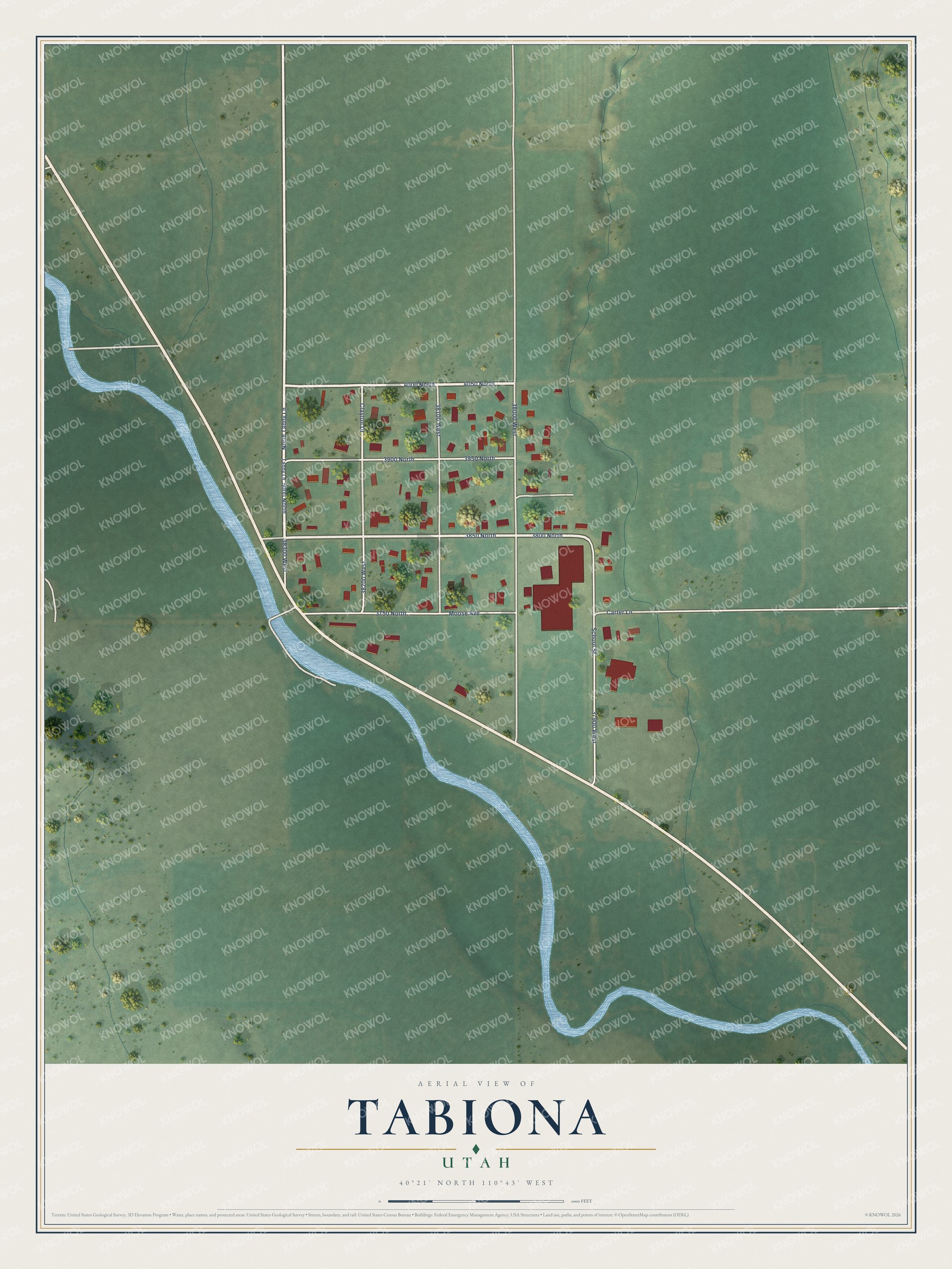 Full map of Tabiona, Utah, with red buildings, printed street names and the land around them