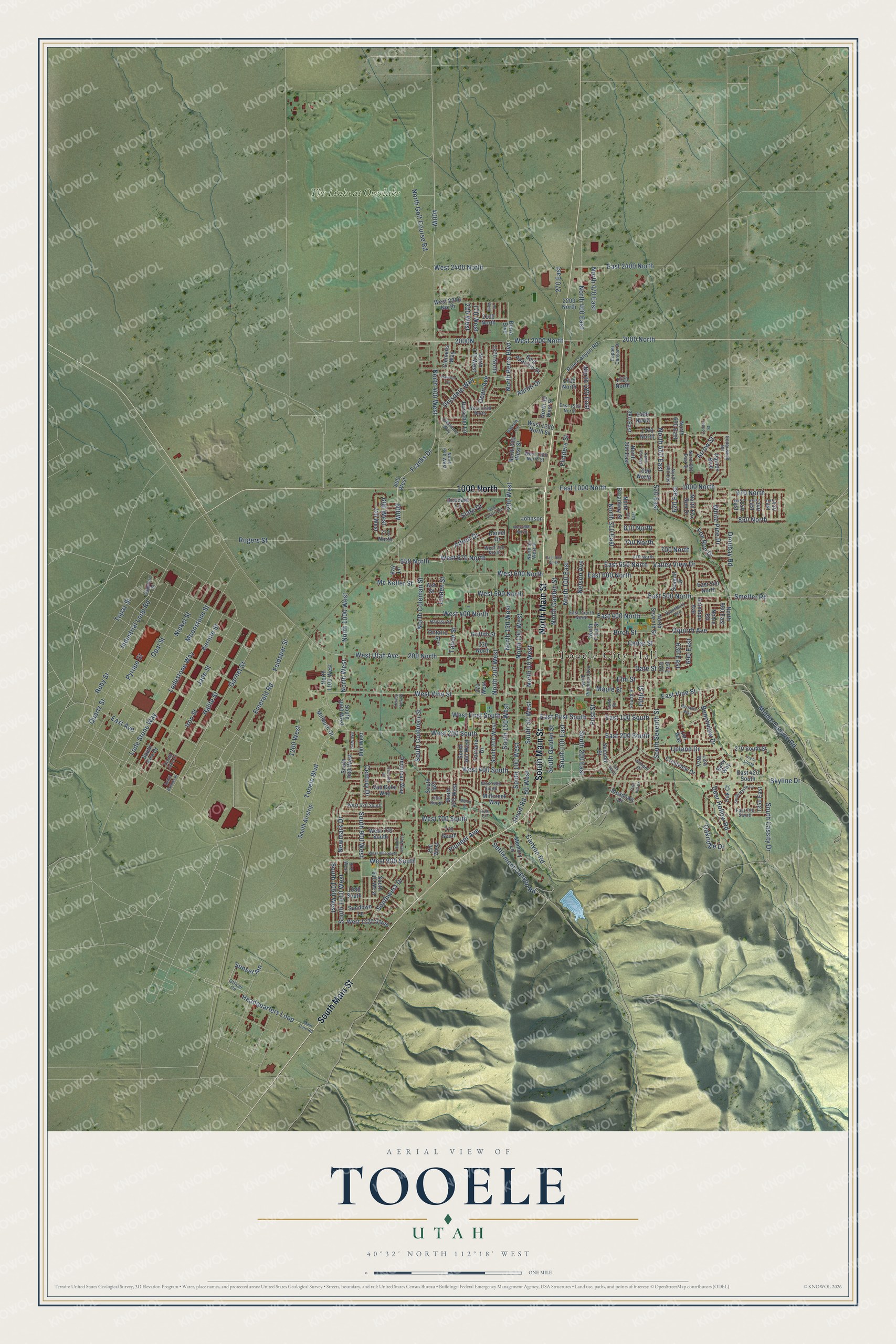 Full map of Tooele, Utah, with red buildings, printed street names and the land around them