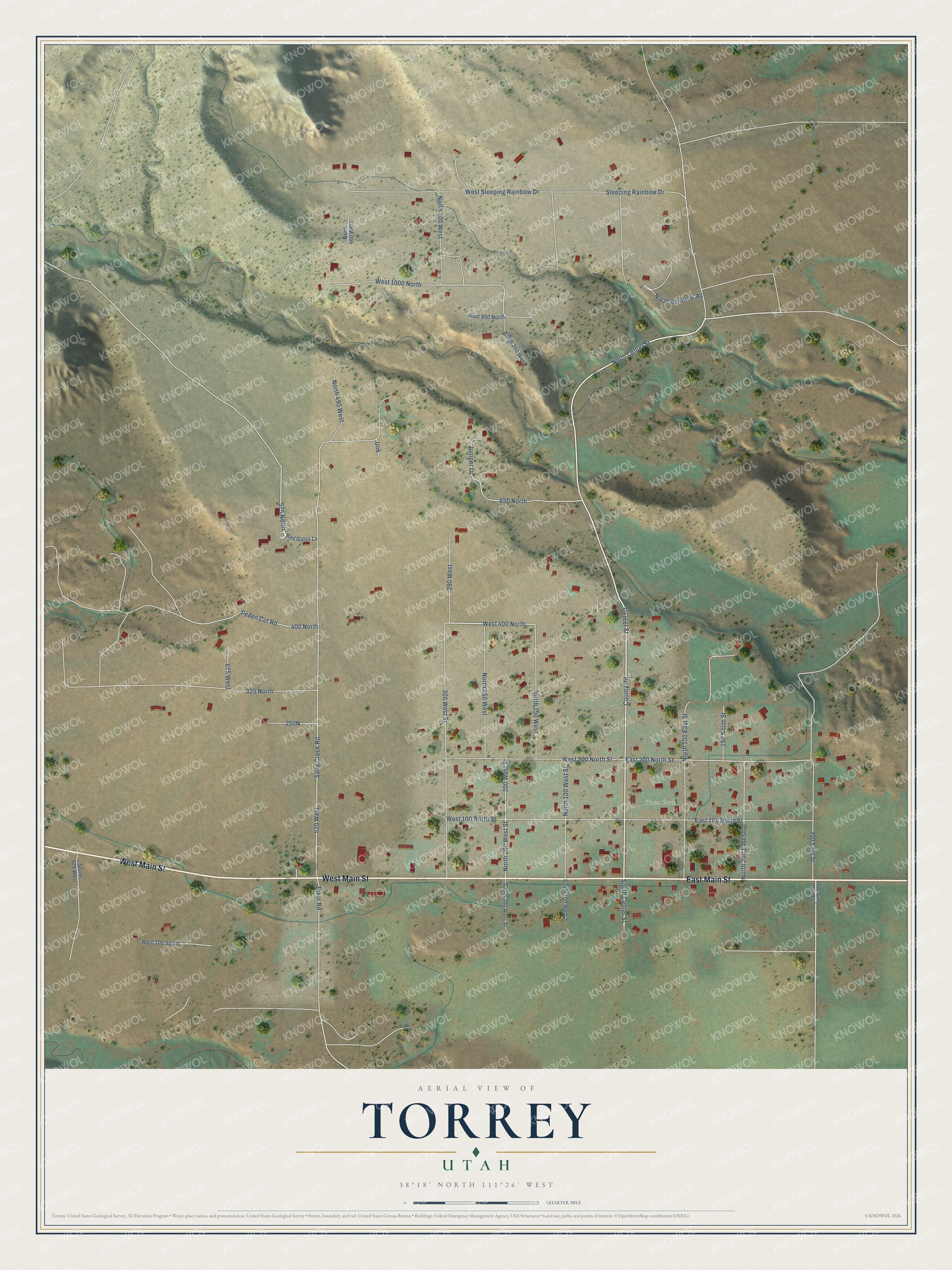 Full map of Torrey, Utah, with red buildings, printed street names and the land around them