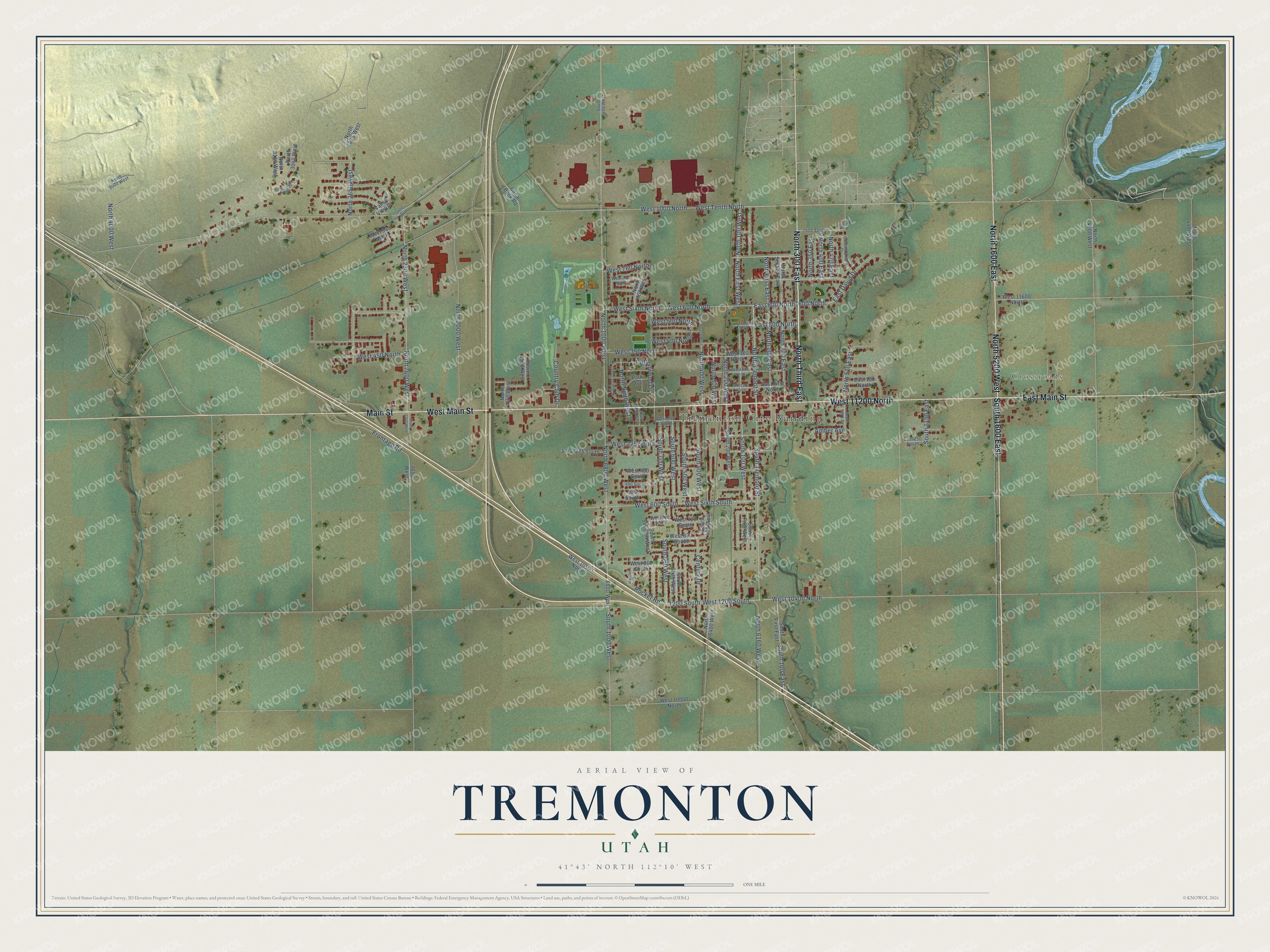 Full map of Tremonton, Utah, with red buildings, printed street names and the land around them