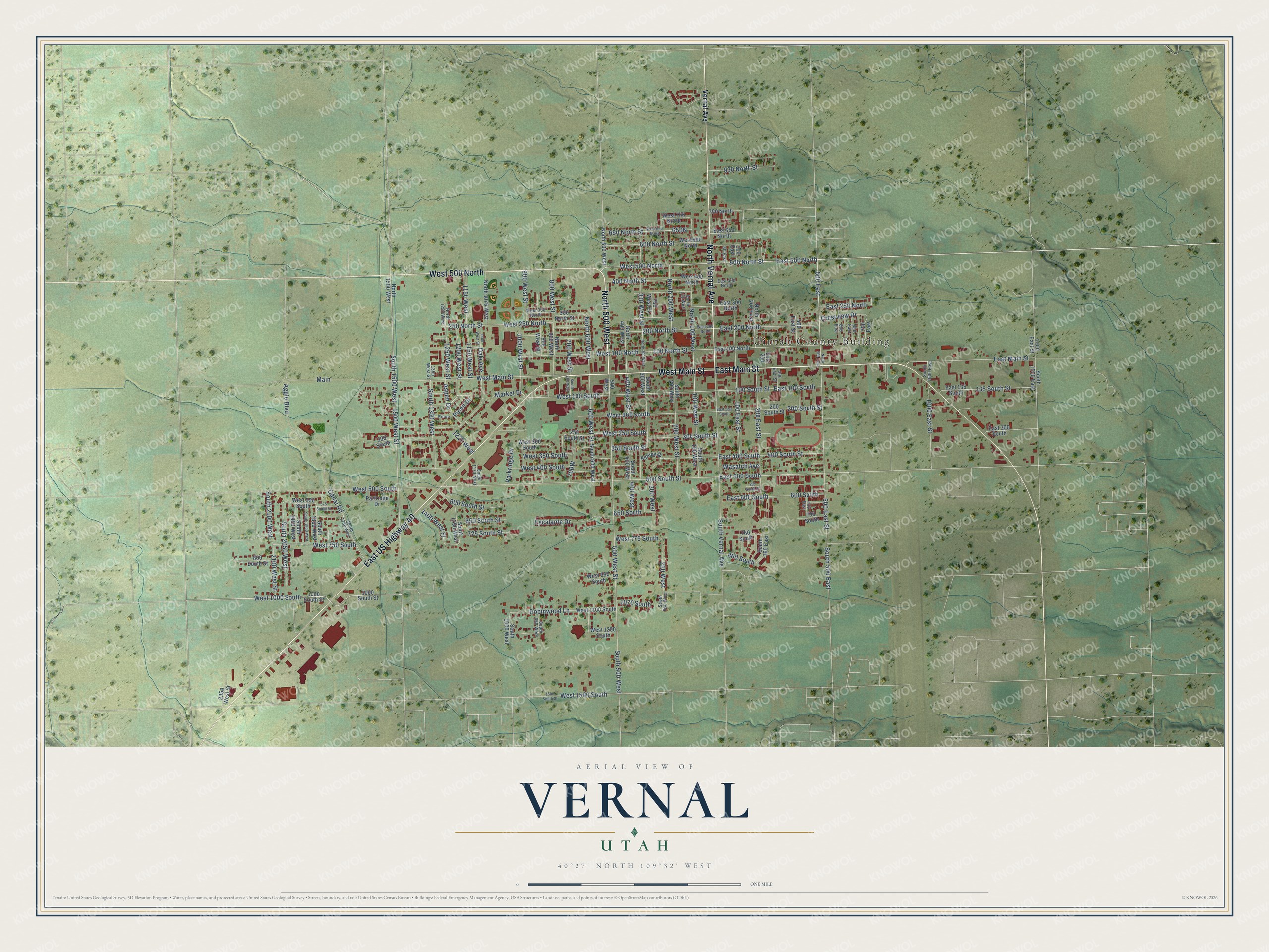 Full map of Vernal, Utah, with red buildings, printed street names and the land around them
