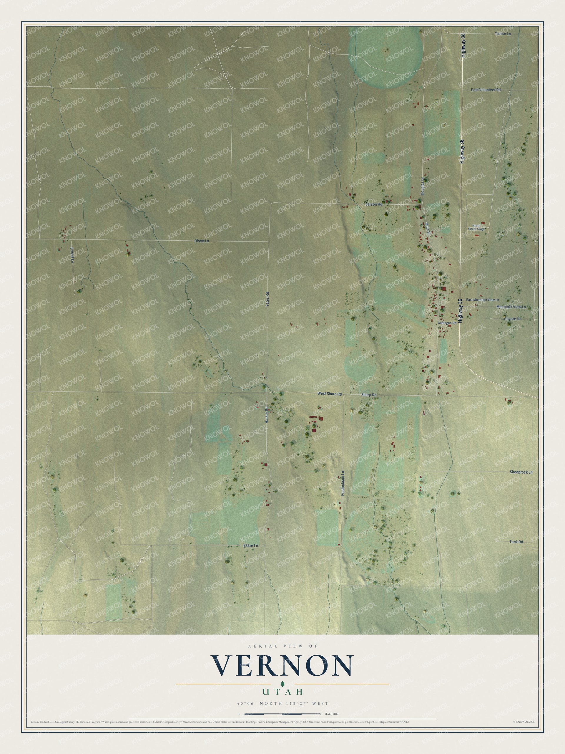 Full map of Vernon, Utah, with red buildings, printed street names and the land around them