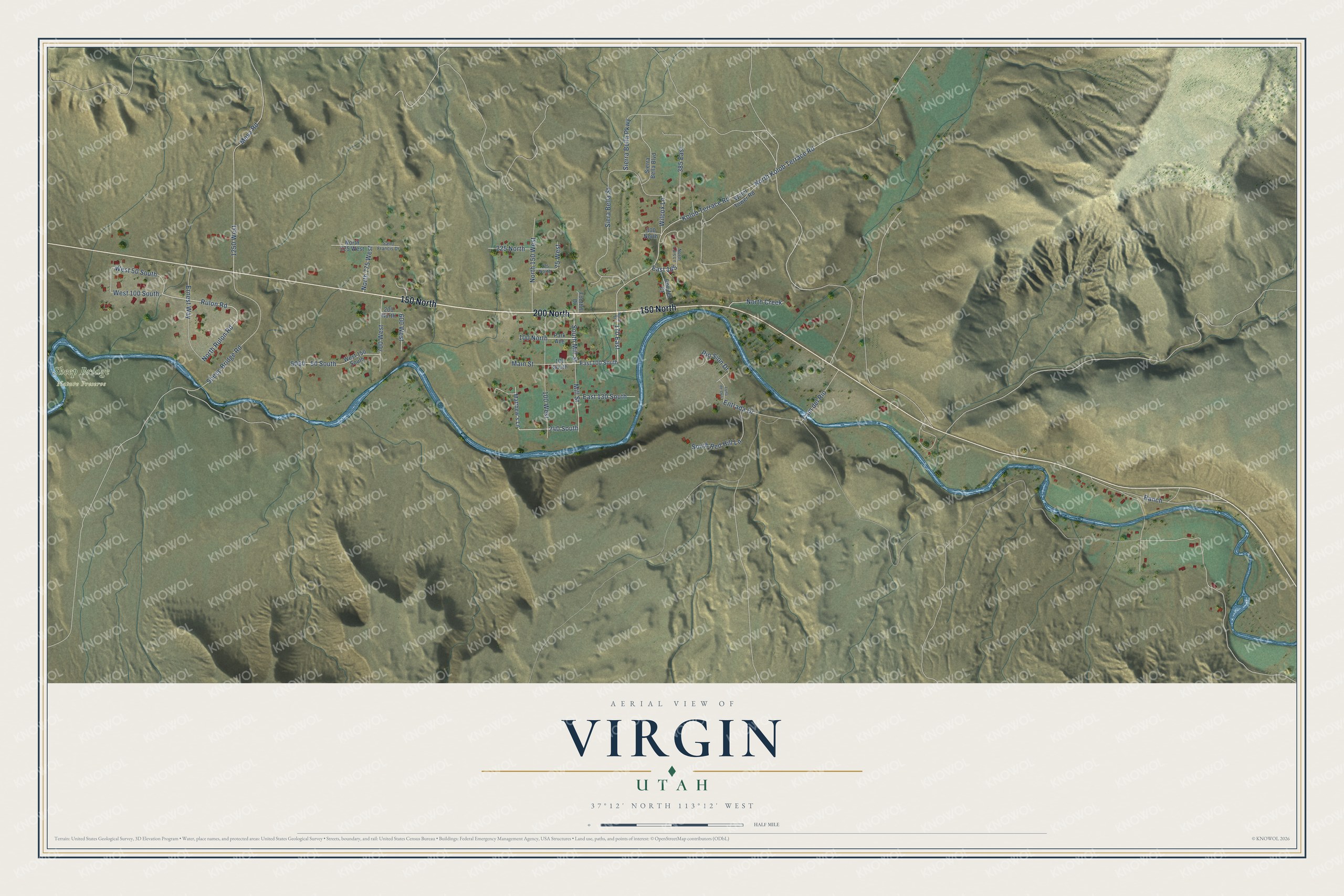 Full map of Virgin, Utah, with red buildings, printed street names and the land around them