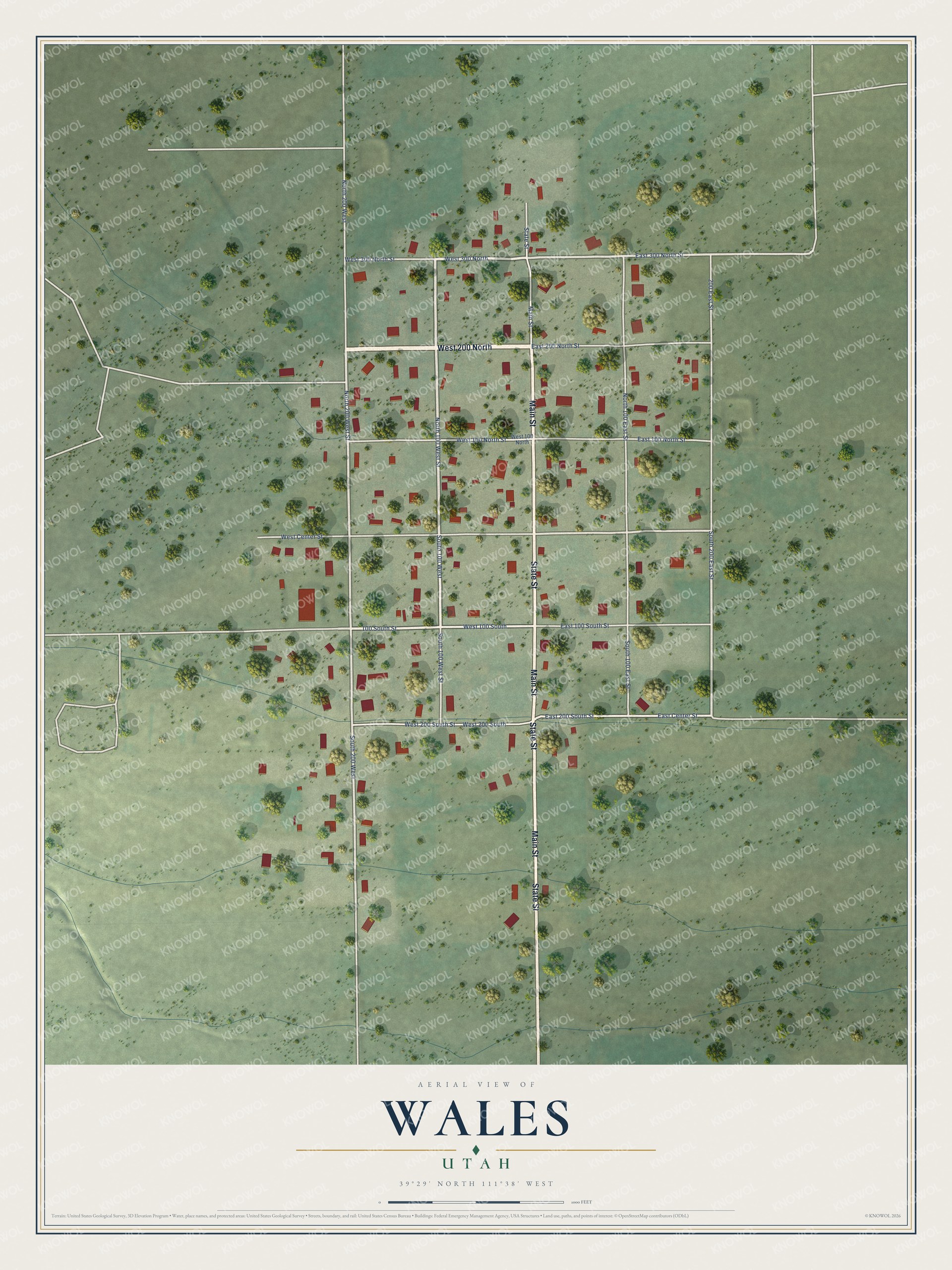 Full map of Wales, Utah, with red buildings, printed street names and the land around them