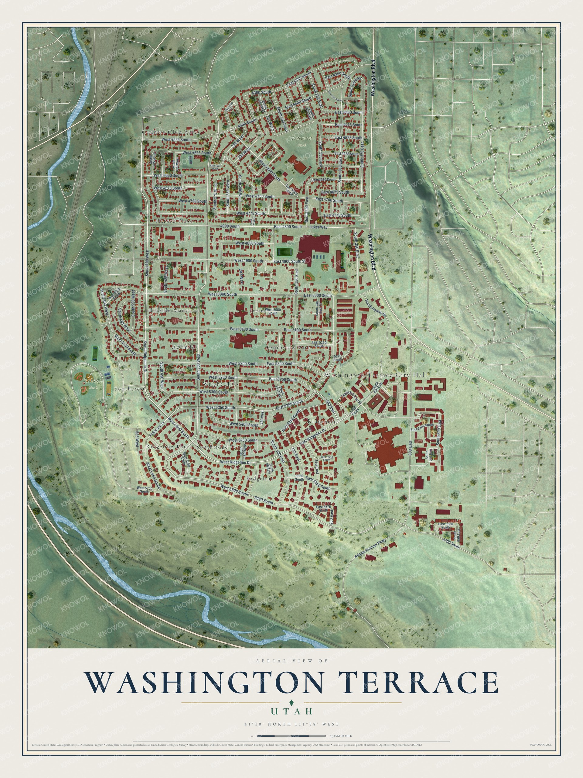 Full map of Washington Terrace, Utah, with red buildings, printed street names and the land around them