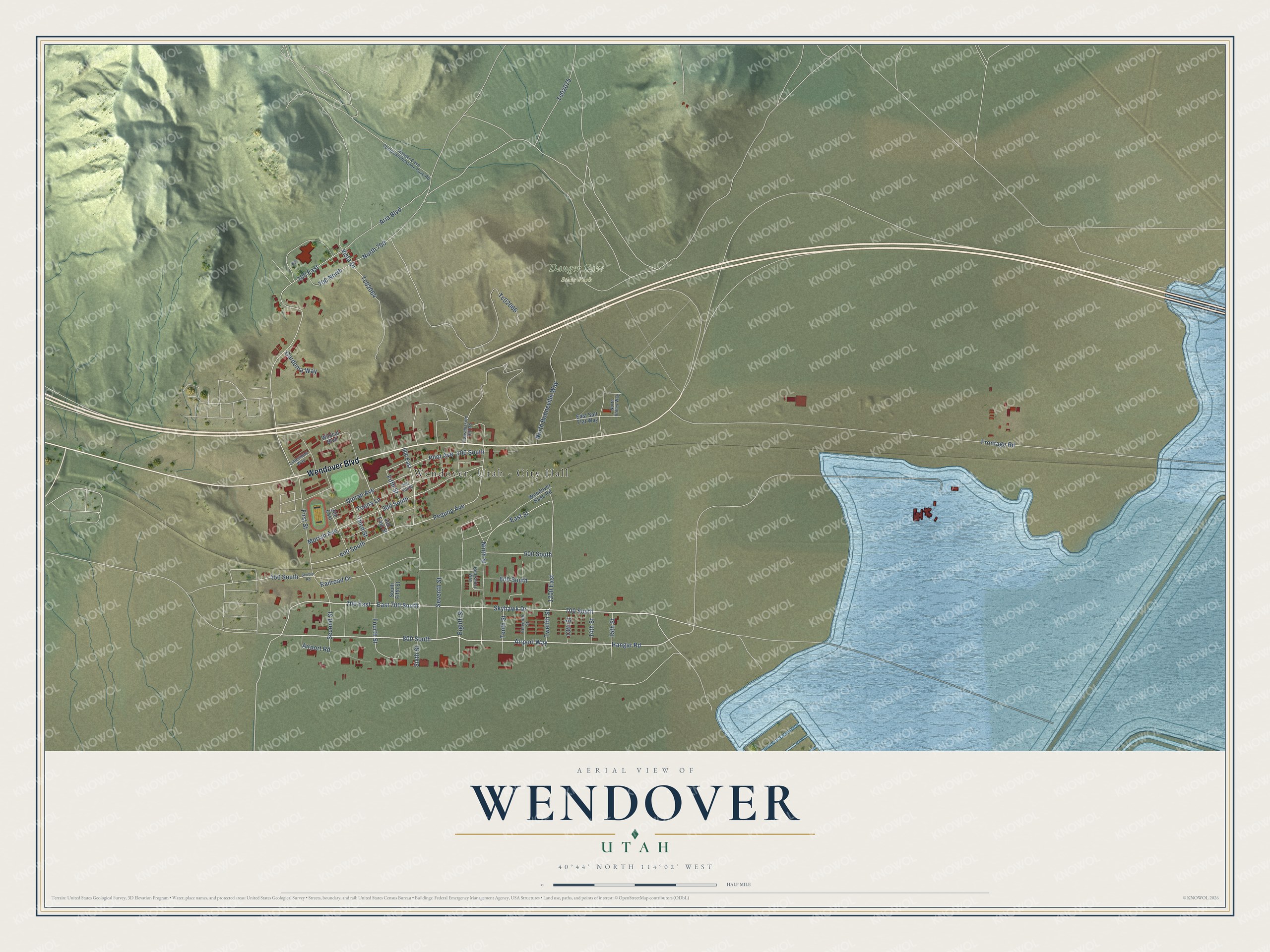 Full map of Wendover, Utah, with red buildings, printed street names and the land around them