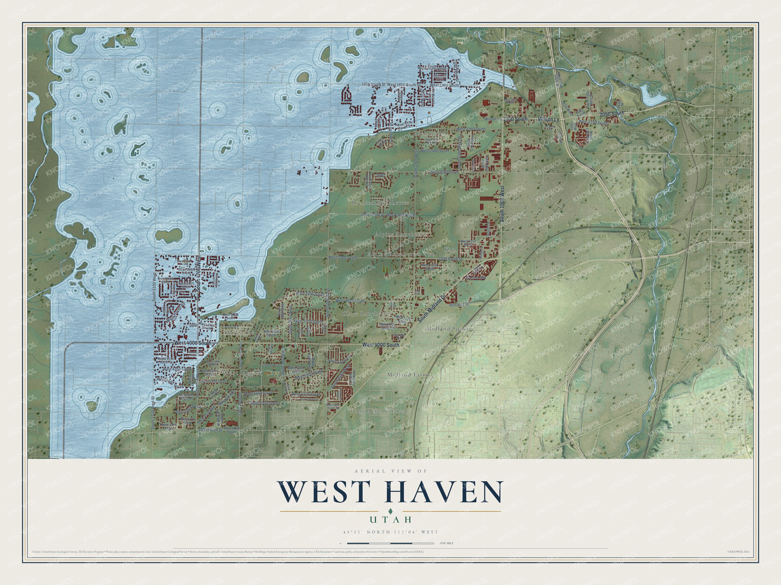Full map of West Haven, Utah, with red buildings, printed street names and the land around them