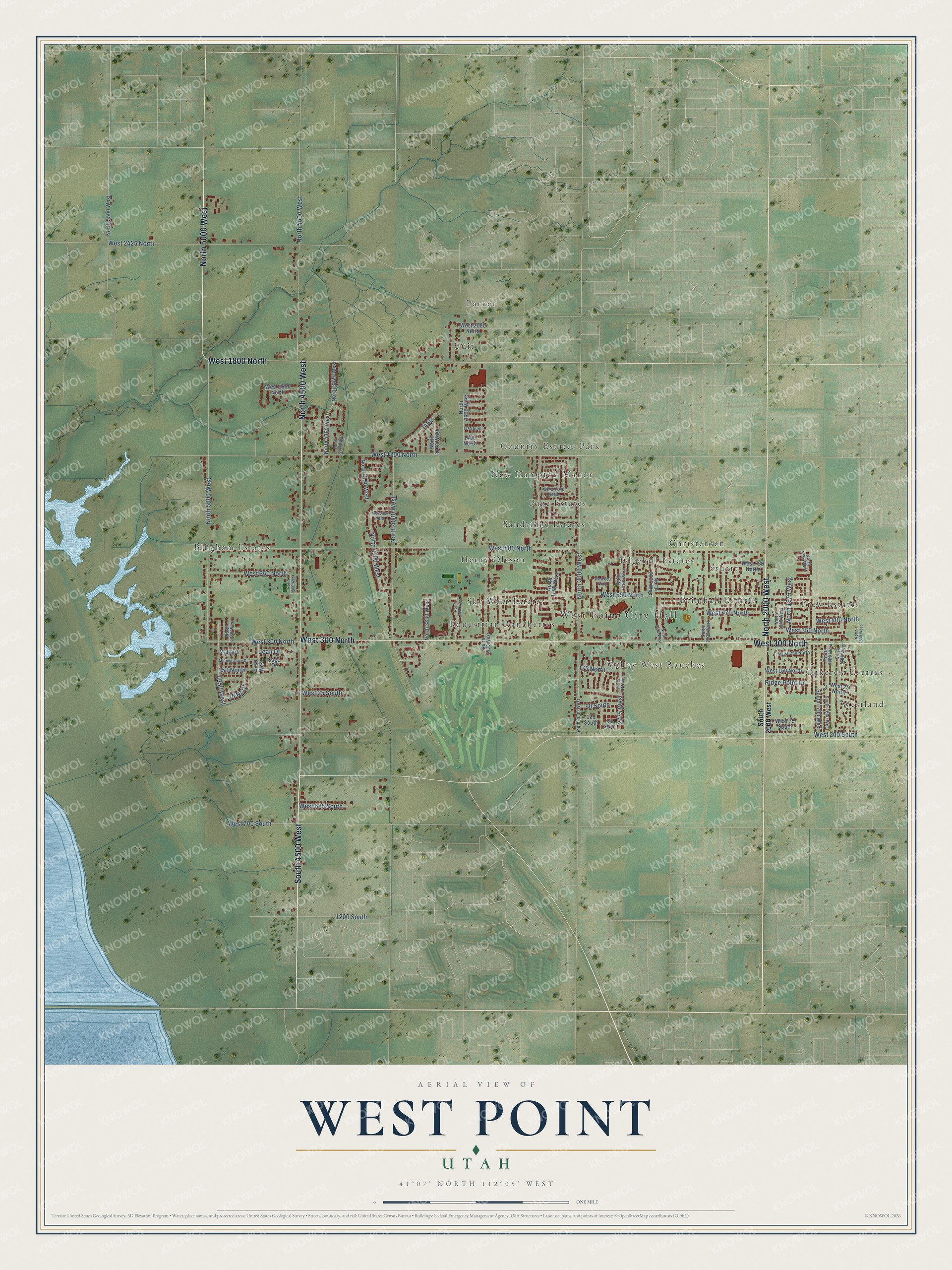 Full map of West Point, Utah, with red buildings, printed street names and the land around them