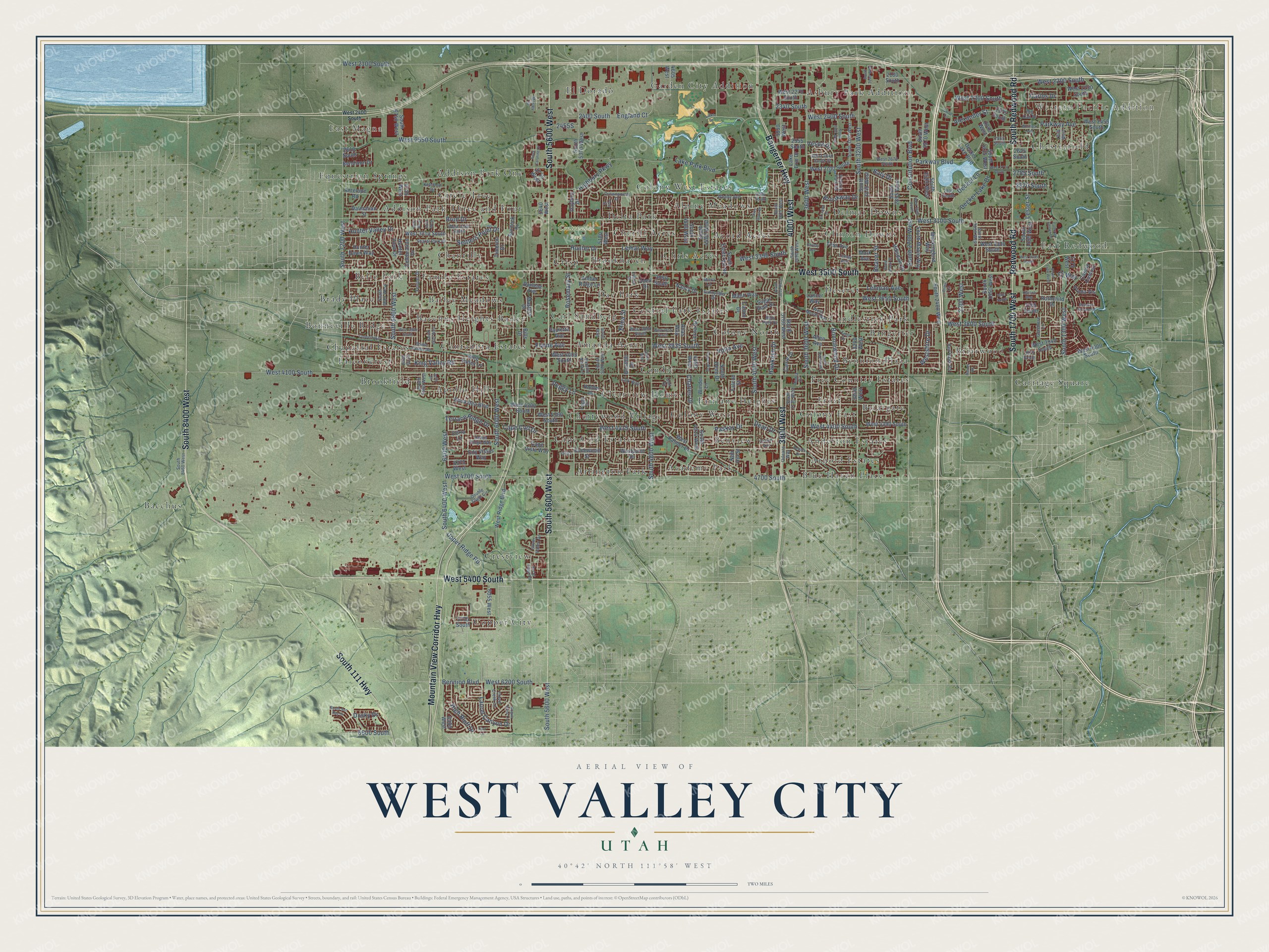 Full map of West Valley City, Utah, with red buildings, printed street names and the land around them