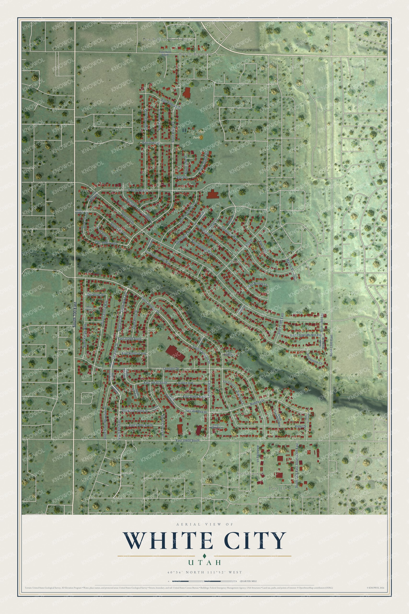Full map of White City, Utah, with red buildings, printed street names and the land around them
