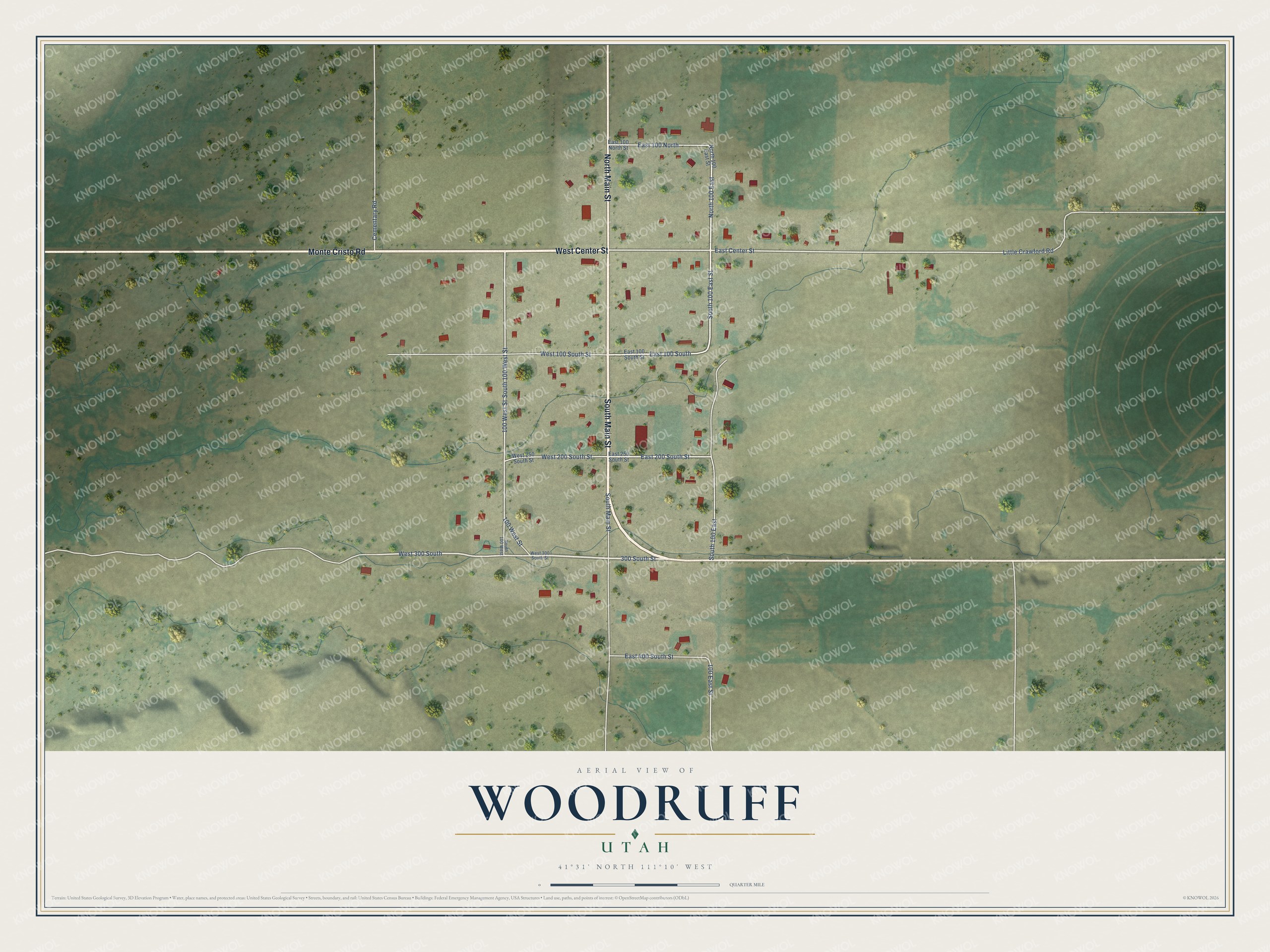 Full map of Woodruff, Utah, with red buildings, printed street names and the land around them