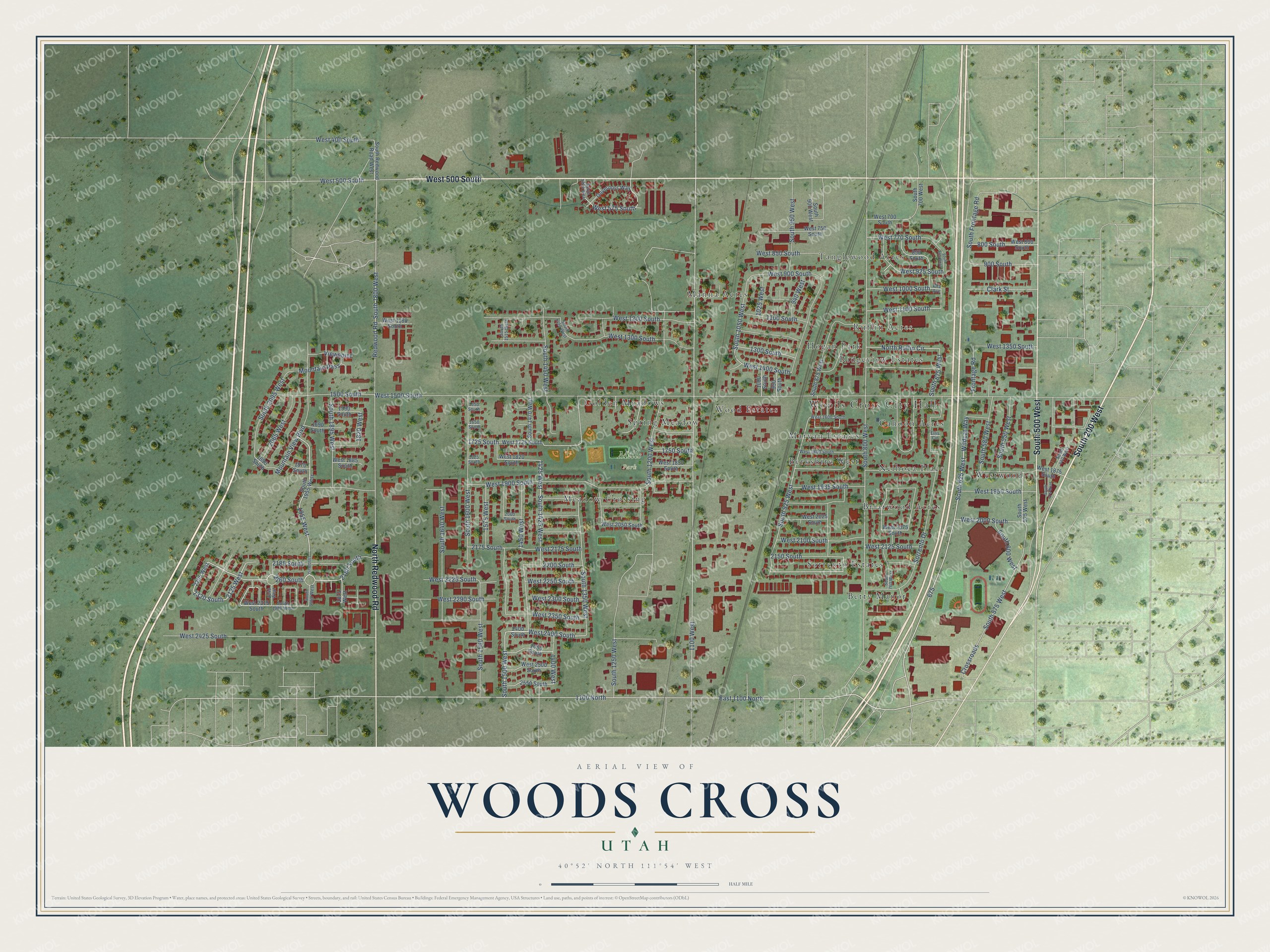 Full map of Woods Cross, Utah, with red buildings, printed street names and the land around them