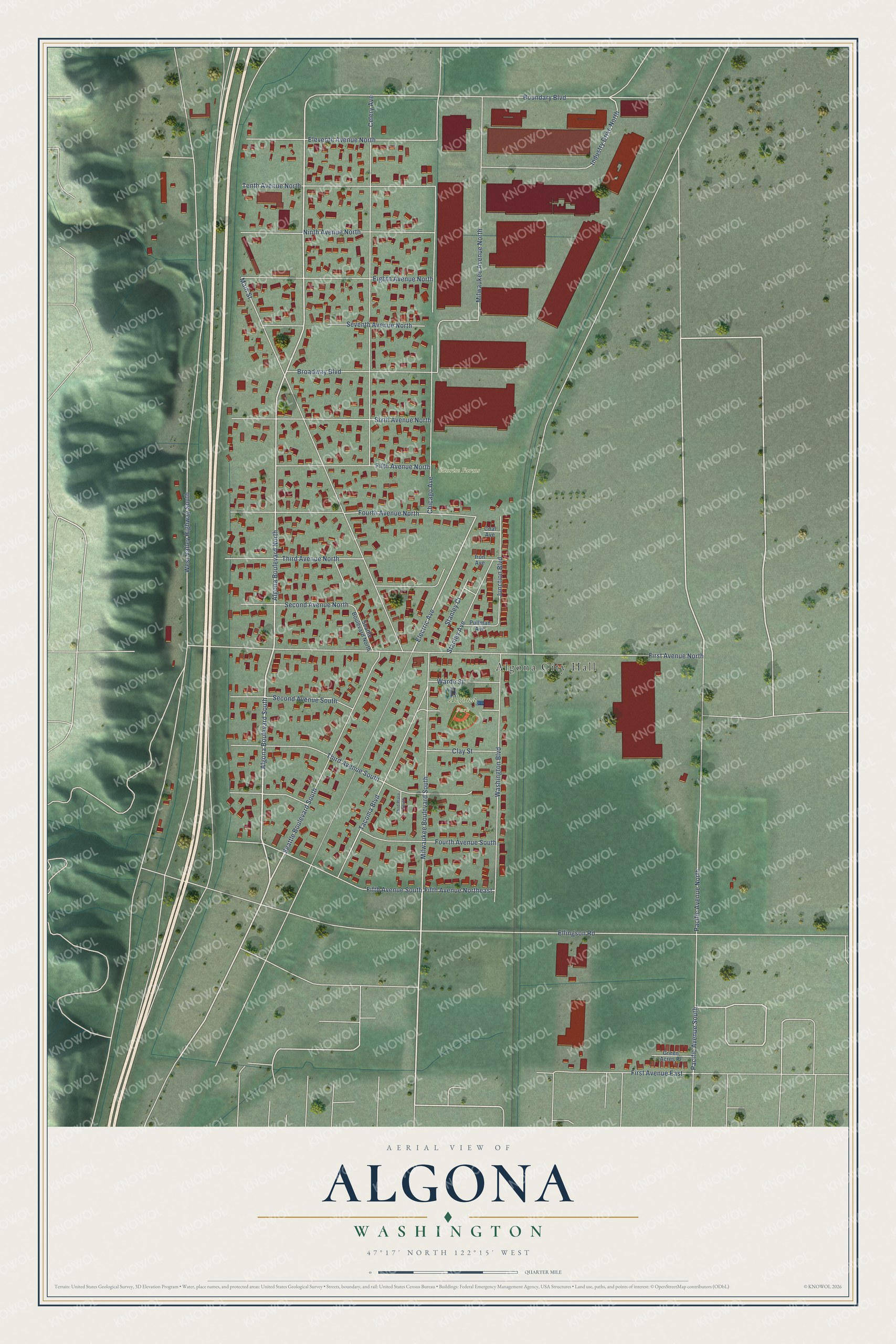 Full map of Algona, Washington, with red buildings, printed street names and the land around them