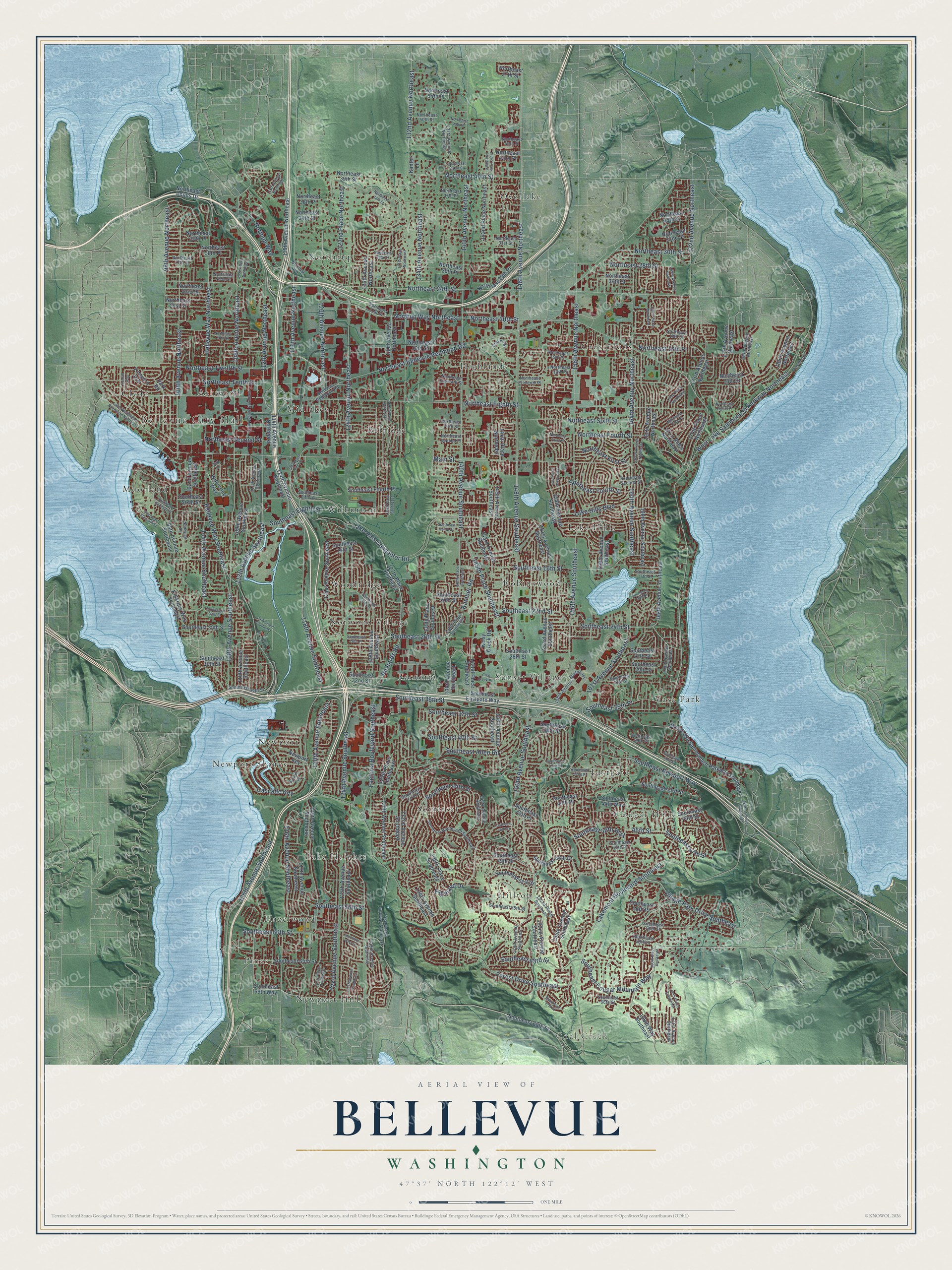 Watermarked full-map preview of Bellevue, Washington