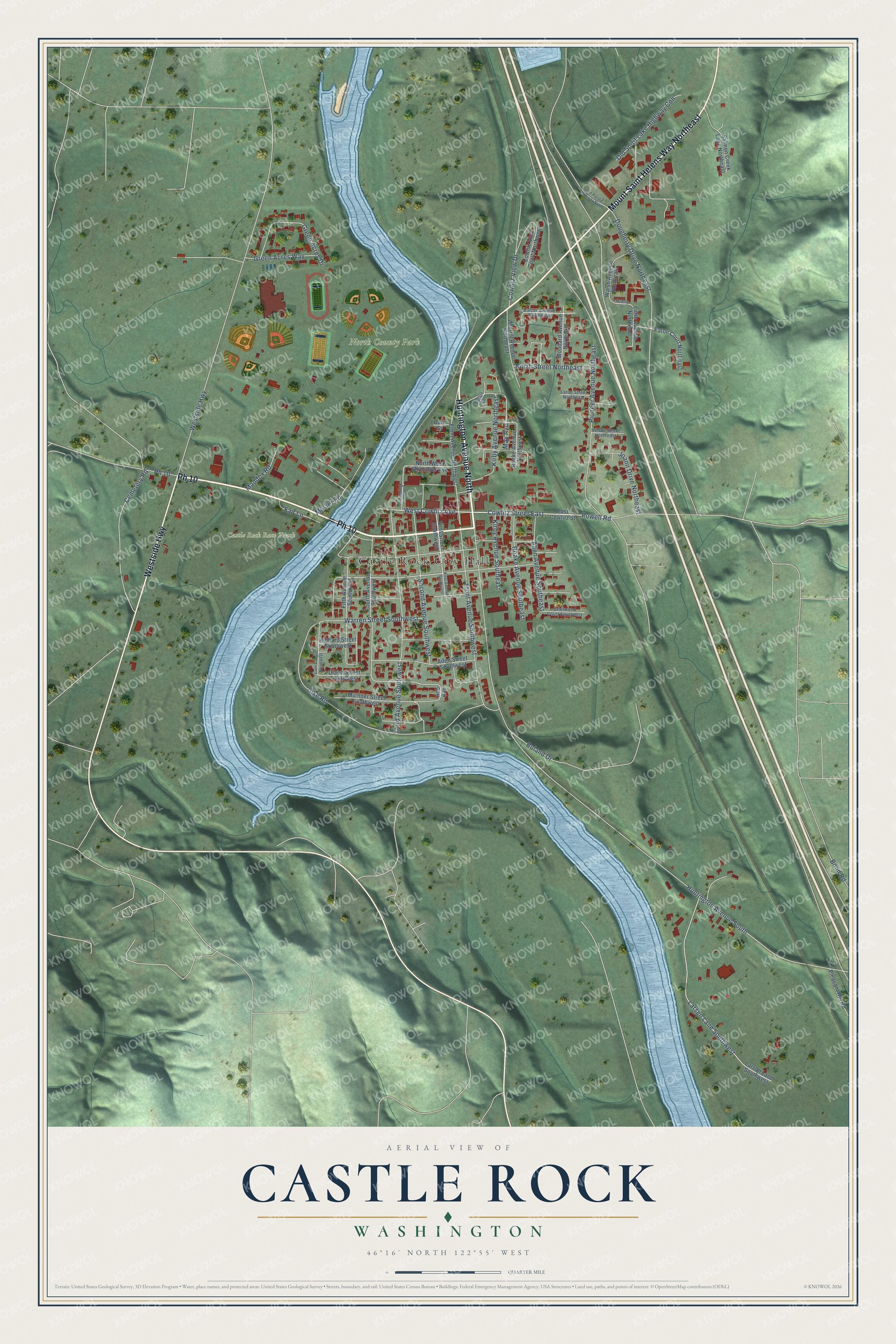Full map of Castle Rock, Washington, with red buildings, printed street names and the land around them