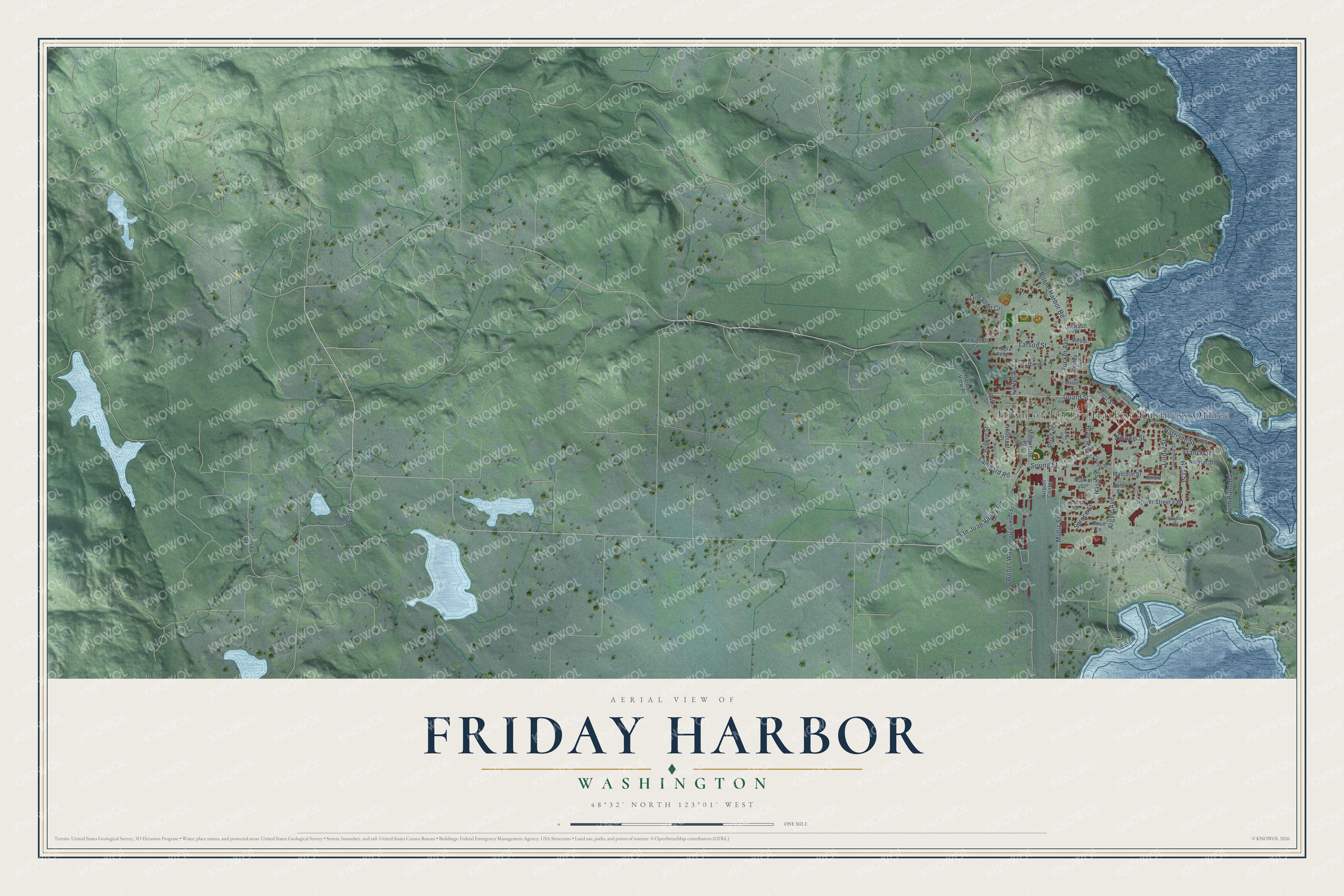 Full map of Friday Harbor, Washington, with red buildings, printed street names and the land around them