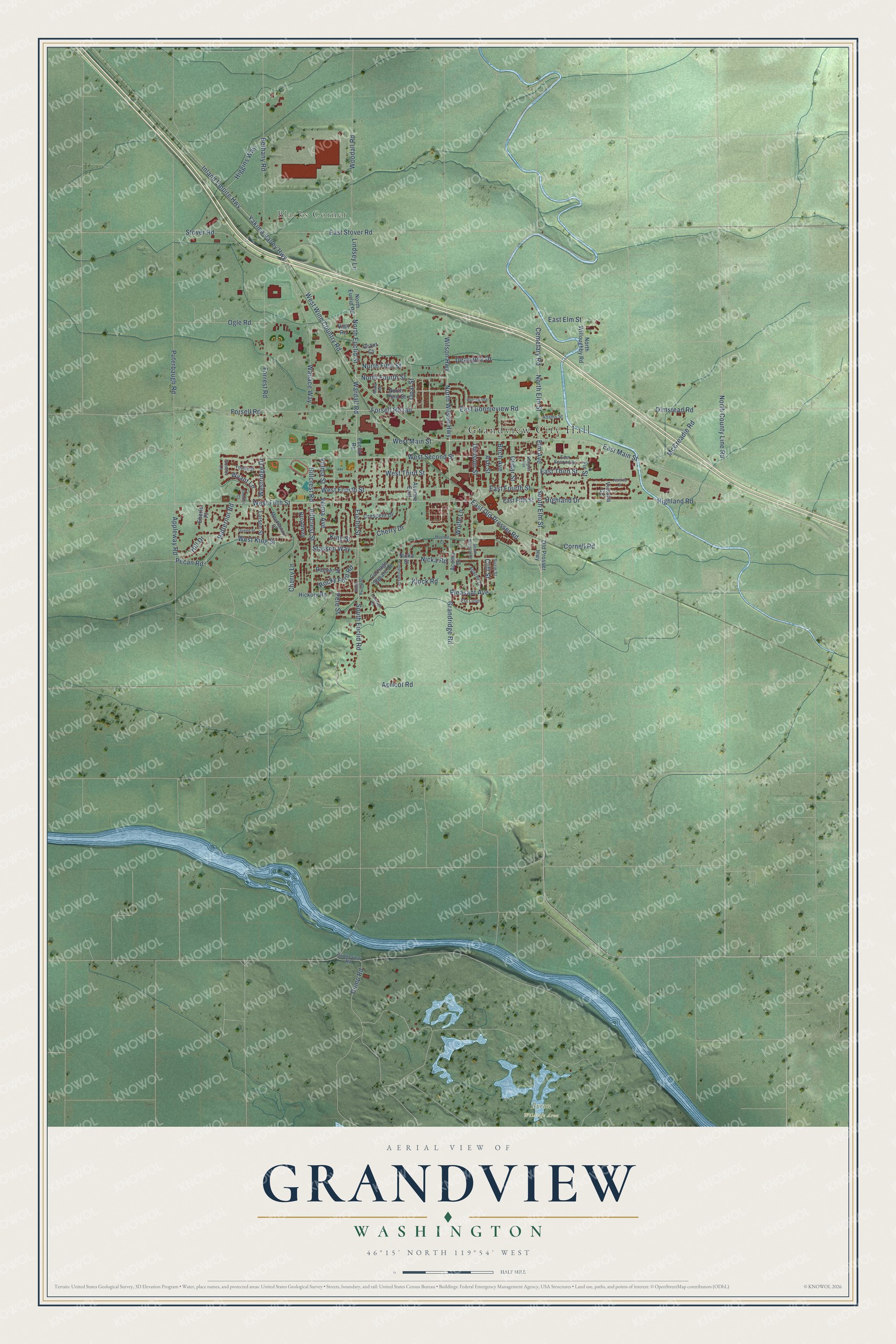 Watermarked full-map preview of Grandview, Washington