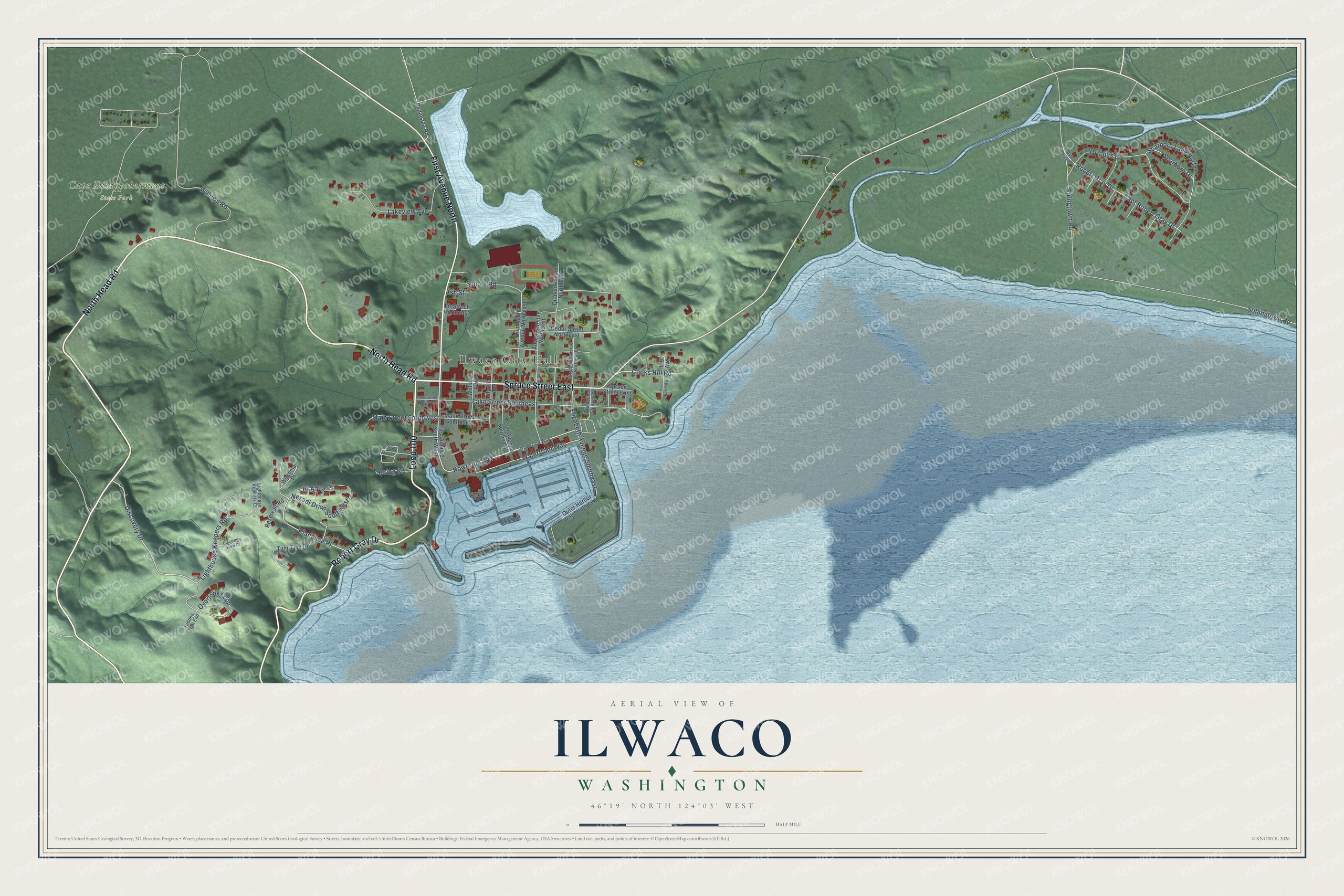Watermarked full-map preview of Ilwaco, Washington