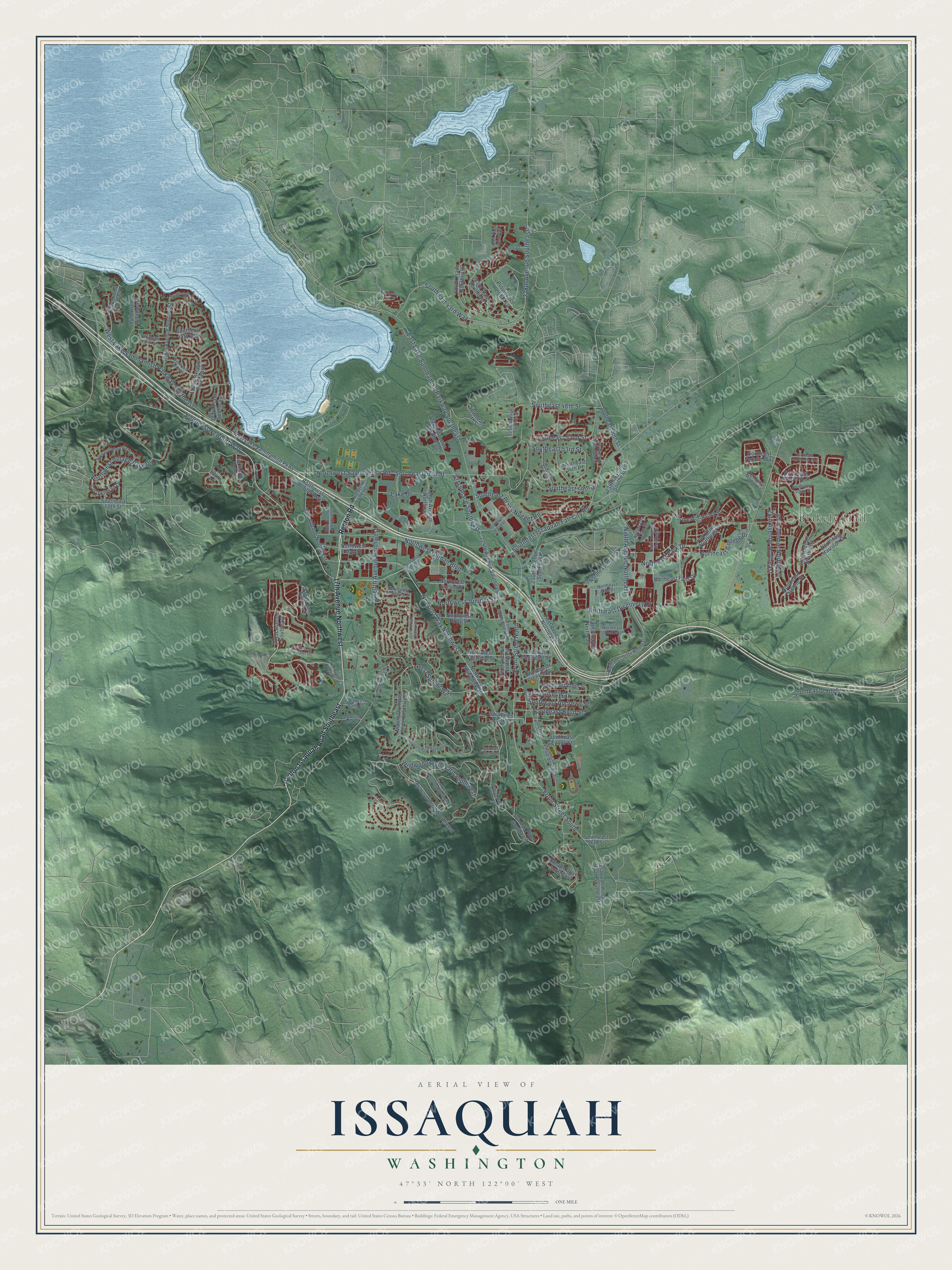 Full map of Issaquah, Washington, with red buildings, printed street names and the land around them