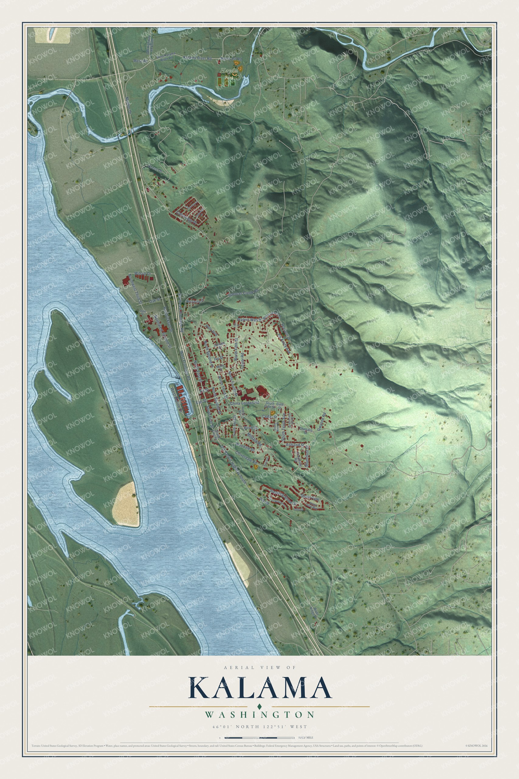 Full map of Kalama, Washington, with red buildings, printed street names and the land around them